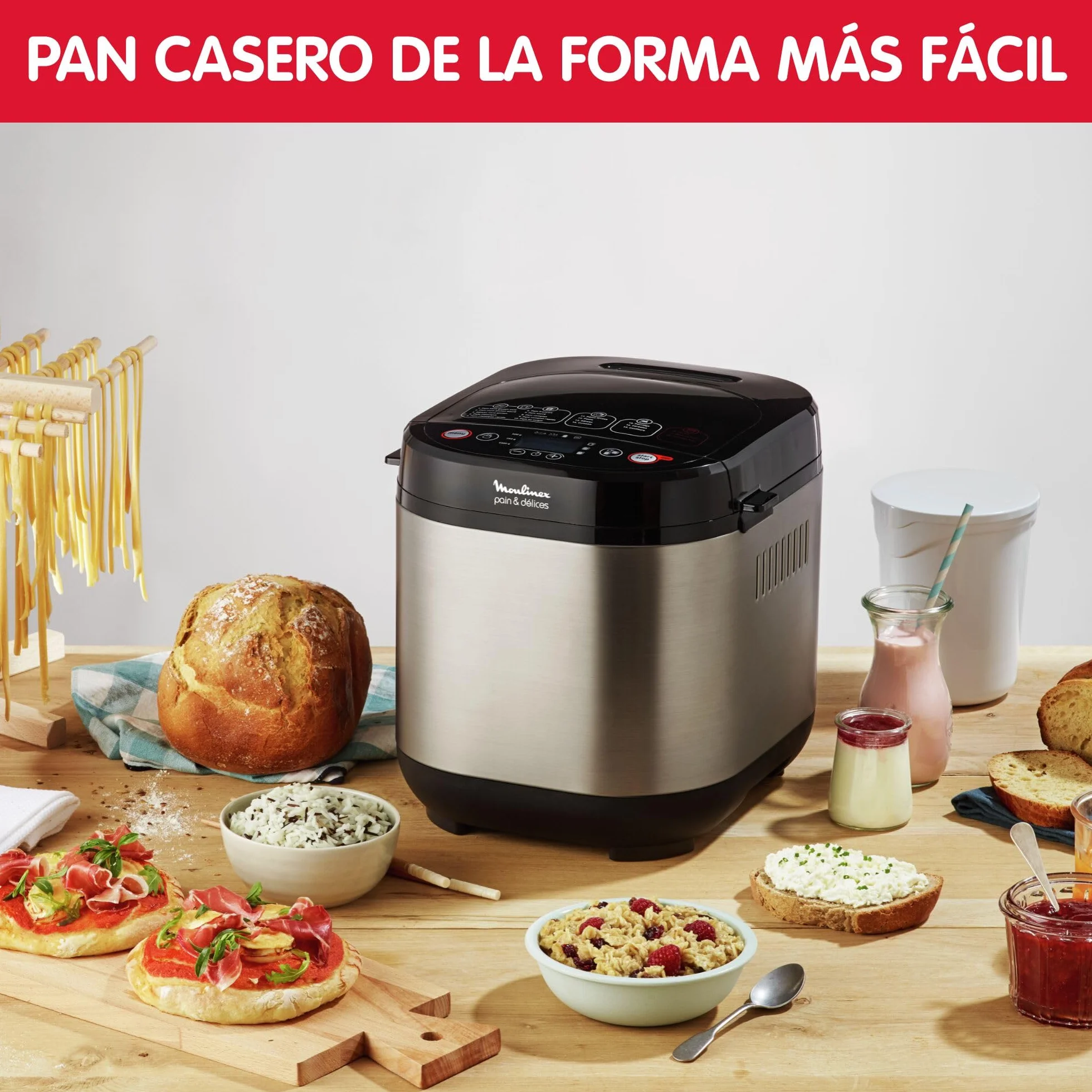 Moulinex Pain & Délices, Panificadora 1 kg, función yogur, pan sin gluten, pan casero, 20 programas automáticos, temporizador de 15h, función mantenimiento de 1h, libro de recetas incluido, OW240E30