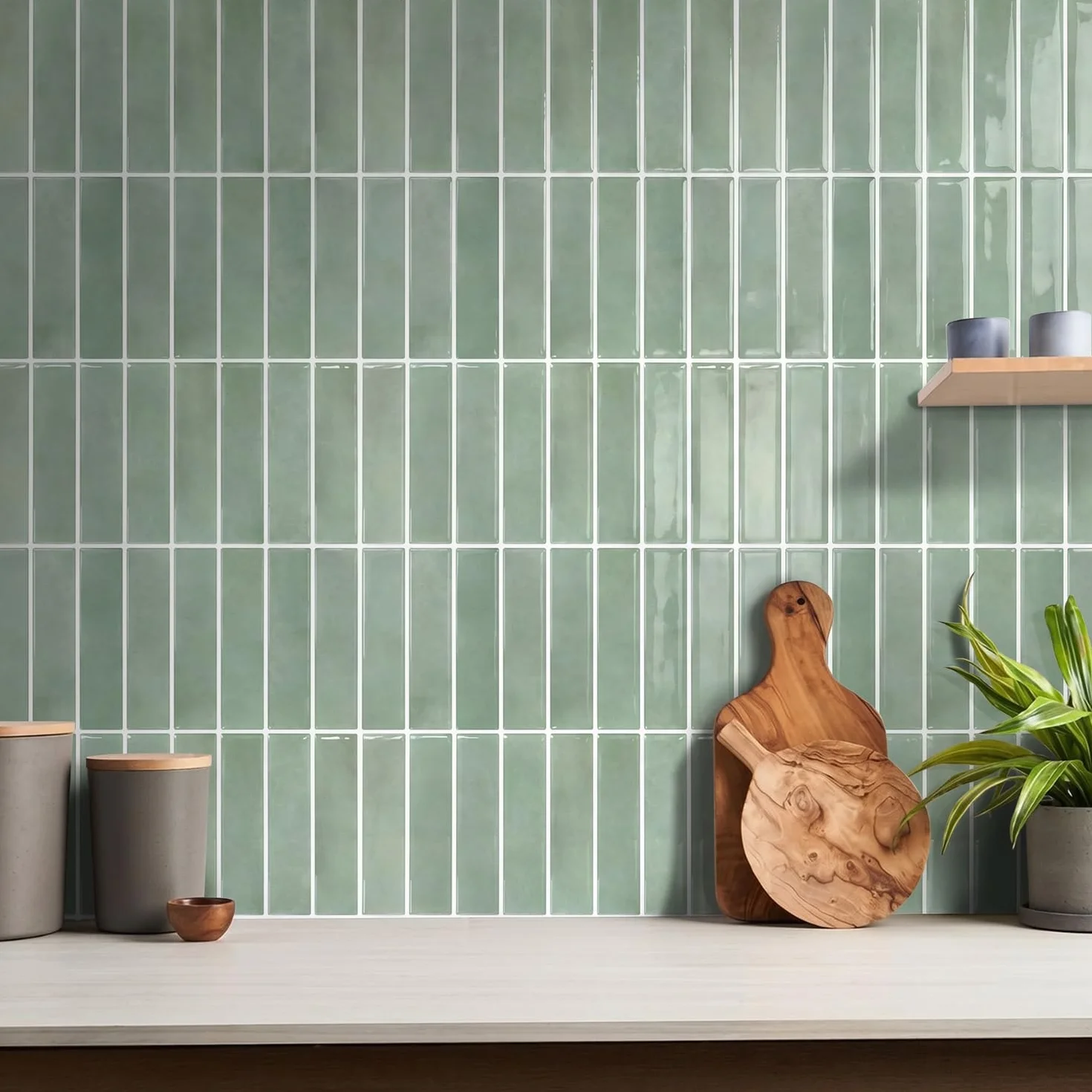 Azulejos Adhesivos Cocina Verde vintage, 10 Piezas 30.5 x 30.5 cm, Azulejos Autoadhesivos 3D, Línea Recta Vertical, Baldosas Adhesivas de Vinilo para Salpicadero en Cocina y Baño, Impermeables