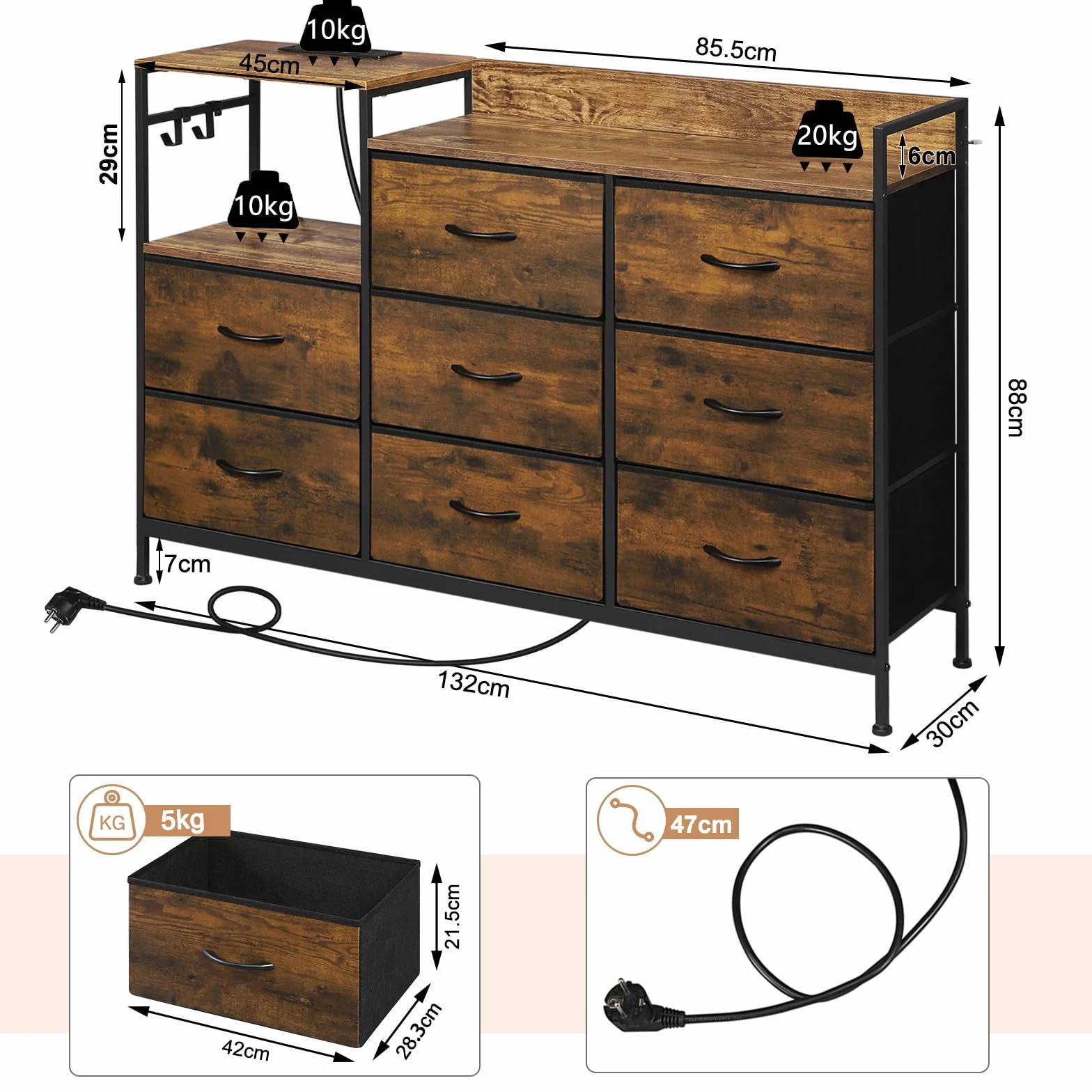 WOLTU Cómoda Dormitorio 8 Cajones de Tela, Estantes de Madera, Armario Comoda de Salon, Cajas Organizadoras, Estructura Metalica, Estilo Industrial, SSK007hov