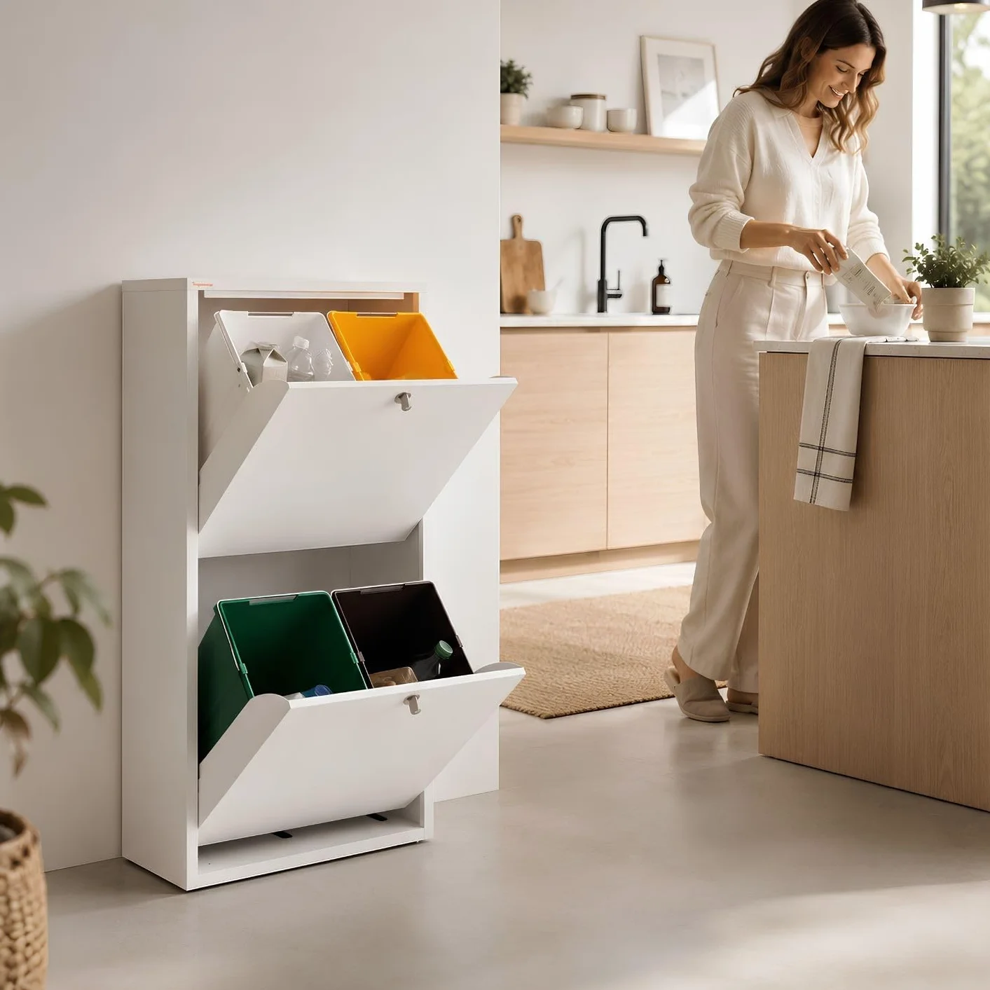DON HIERRO EMI Cubo de Reciclaje 4 Compartimentos 80 L – Mueble Metálico Blanco de Diseño Moderno y Funcional – Hecho en España – Entrega Montado
