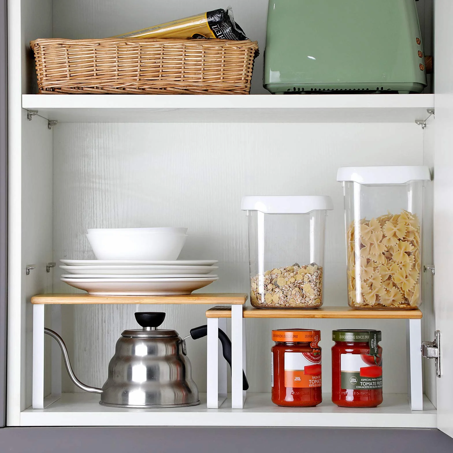 SONGMICS Organizadores de Cocina Juego de 4 Estantes Apilables Expandibles Metal y Madera Blanco Natural