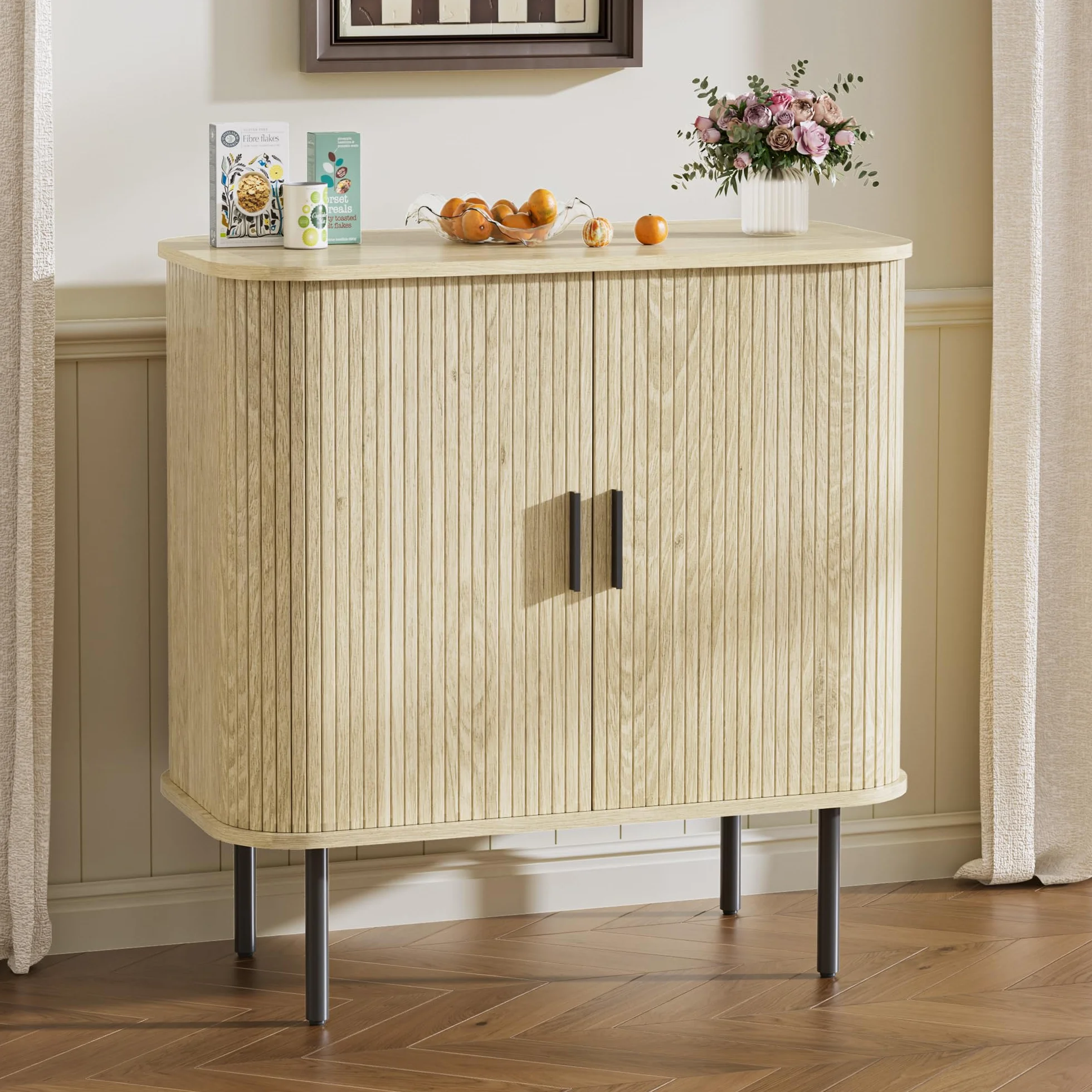 BonVoche Aparador de Cocina con 2 Puertas Correderas, Gabinete de Almacenamiento con Estantes Ajustables, Color Madera