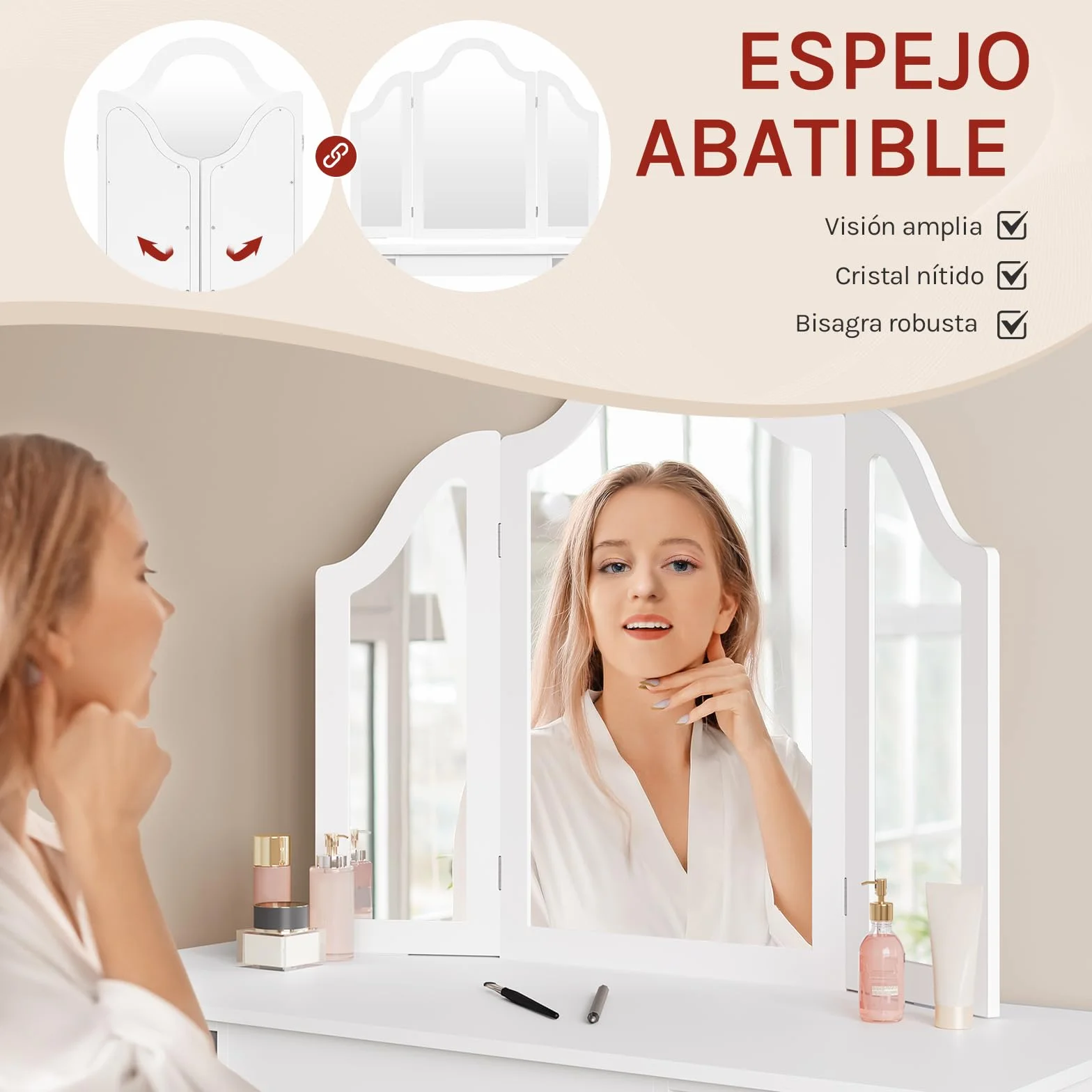 WOLTU Mesa Tocador Infantil 3 Piezas con Taburete y Espejo Plegable, Blanco MDF