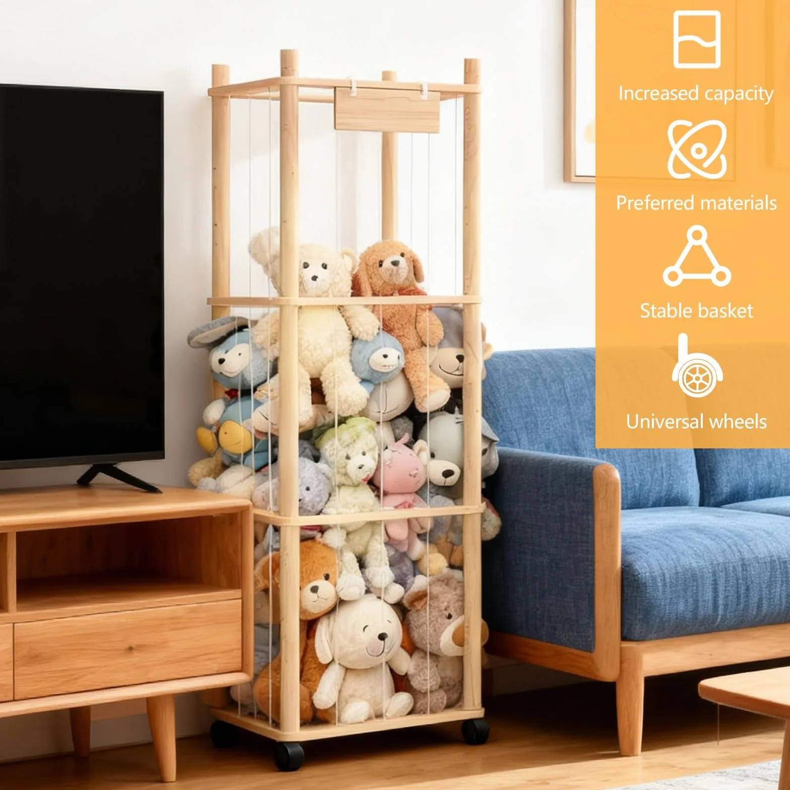 Organizador de Peluches de Madera con Ruedas 360° y Frenos Almacenamiento Juguetes Infantil