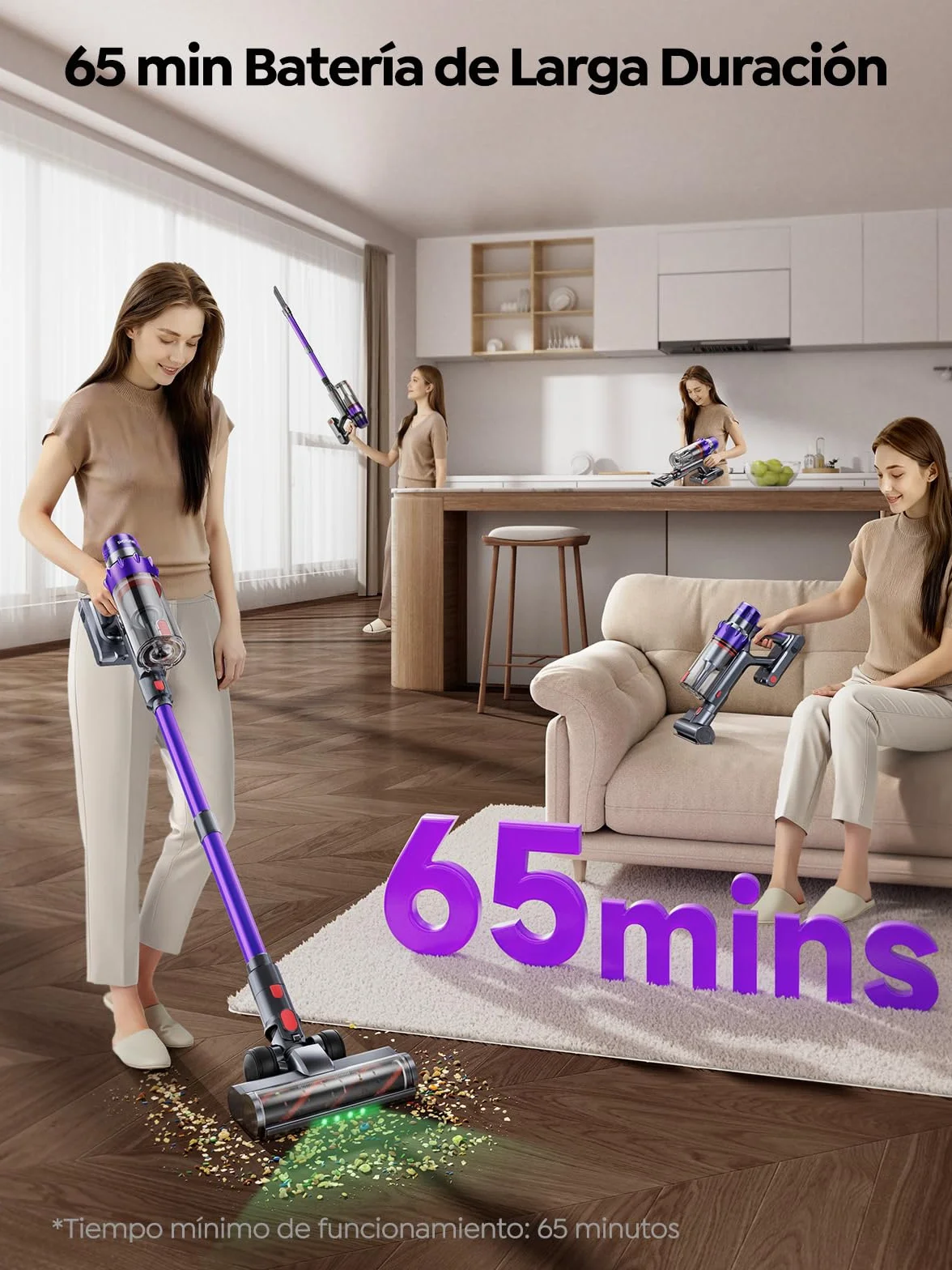Mejorada VAC02 Aspiradora sin Cable Vertical 50KPA 600W 65Min ECO Cepillo Anti-Enredo Luz Verde