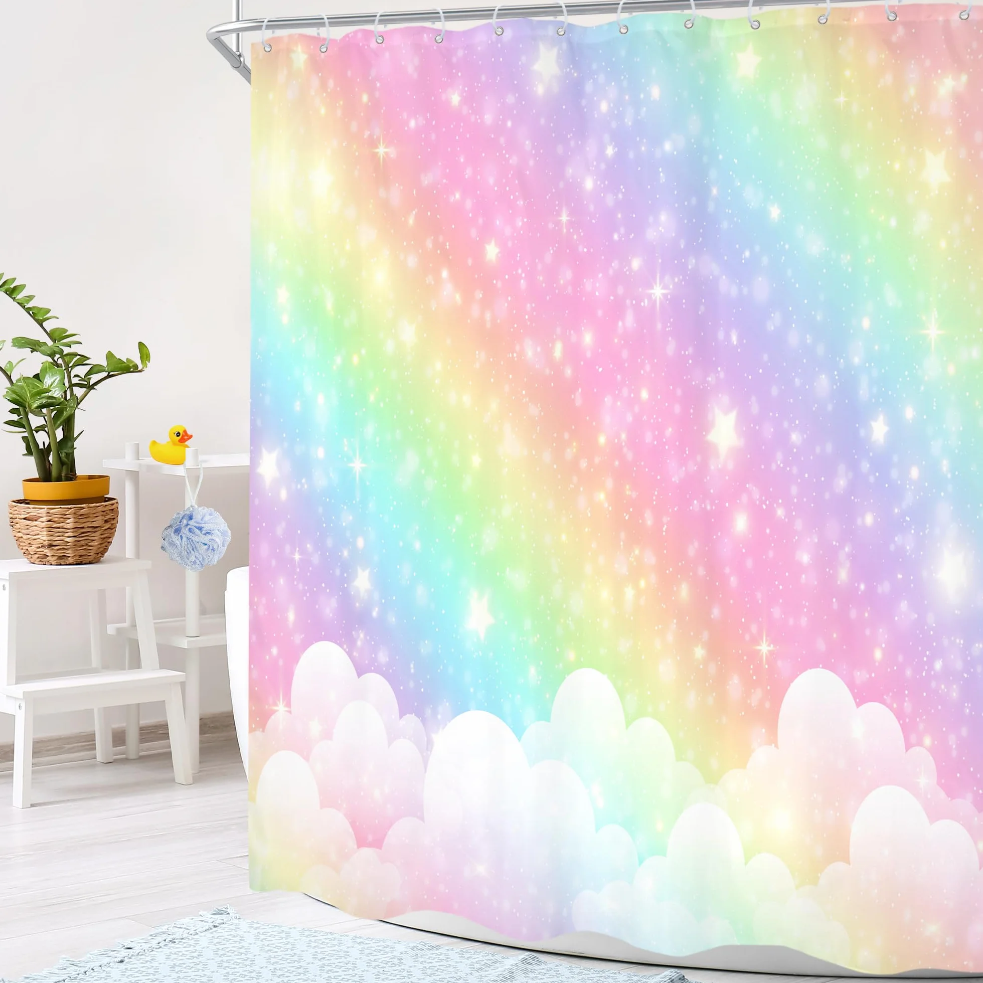 Cortina de ducha infantil arcoíris de 60 pulgadas de ancho x 72 pulgadas de alto, diseño de dibujos animados pastel con nubes y estrellas, juego de cortinas de baño estéticas, de tela,