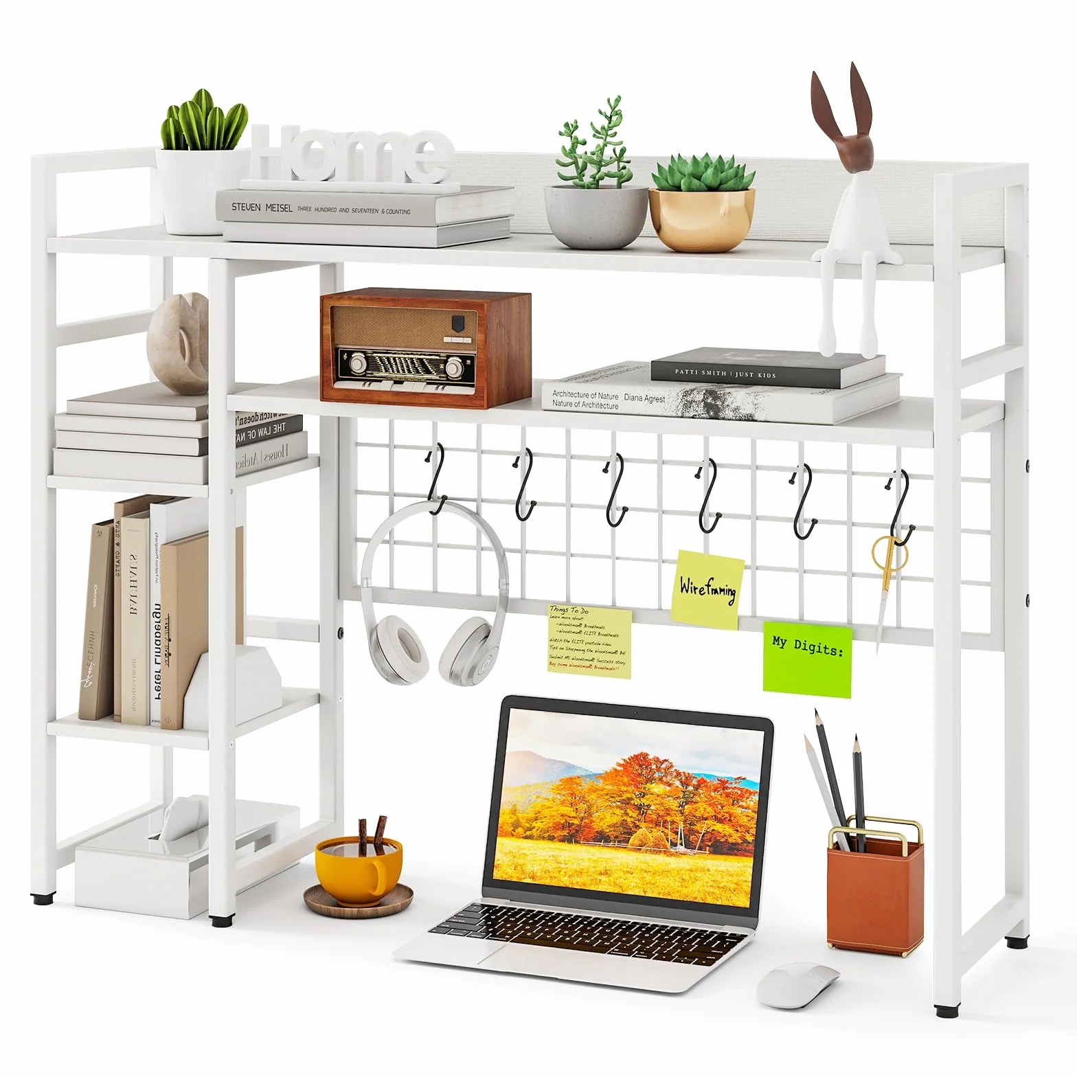 GIANTEX Estantería de Escritorio con 4 Estantes Abiertos, Organizador Sobremesa con Rejilla de Metal y 6 Ganchos Extraíbles, 94x25x73,5cm, Almacenamiento para Libros, Plantas, Comésticos (Blanco)