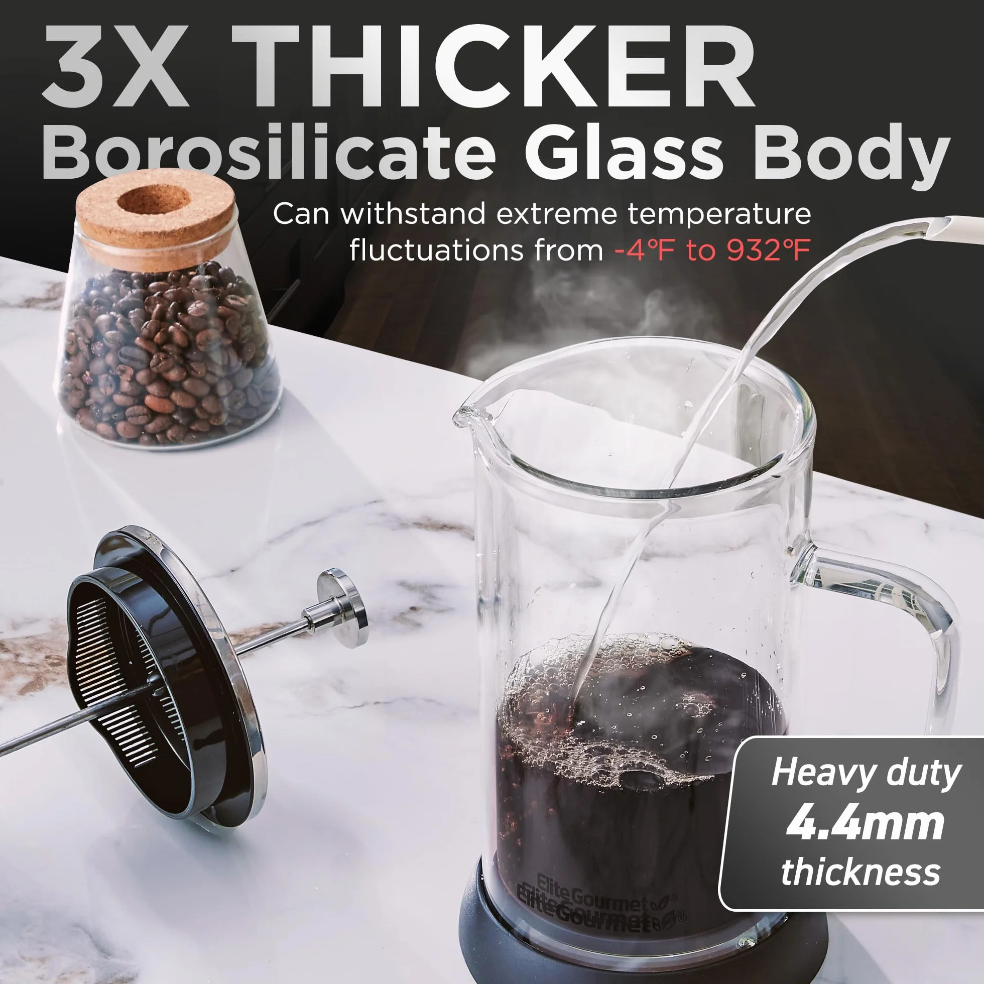 Elite Gourmet FP1223 - Cafetera de prensa francesa de 1 litro, jarra de vidrio de borosilicato aislada de doble pared, montaje de filtro/émbolo de acero inoxidable apta para lavavajillas, base de