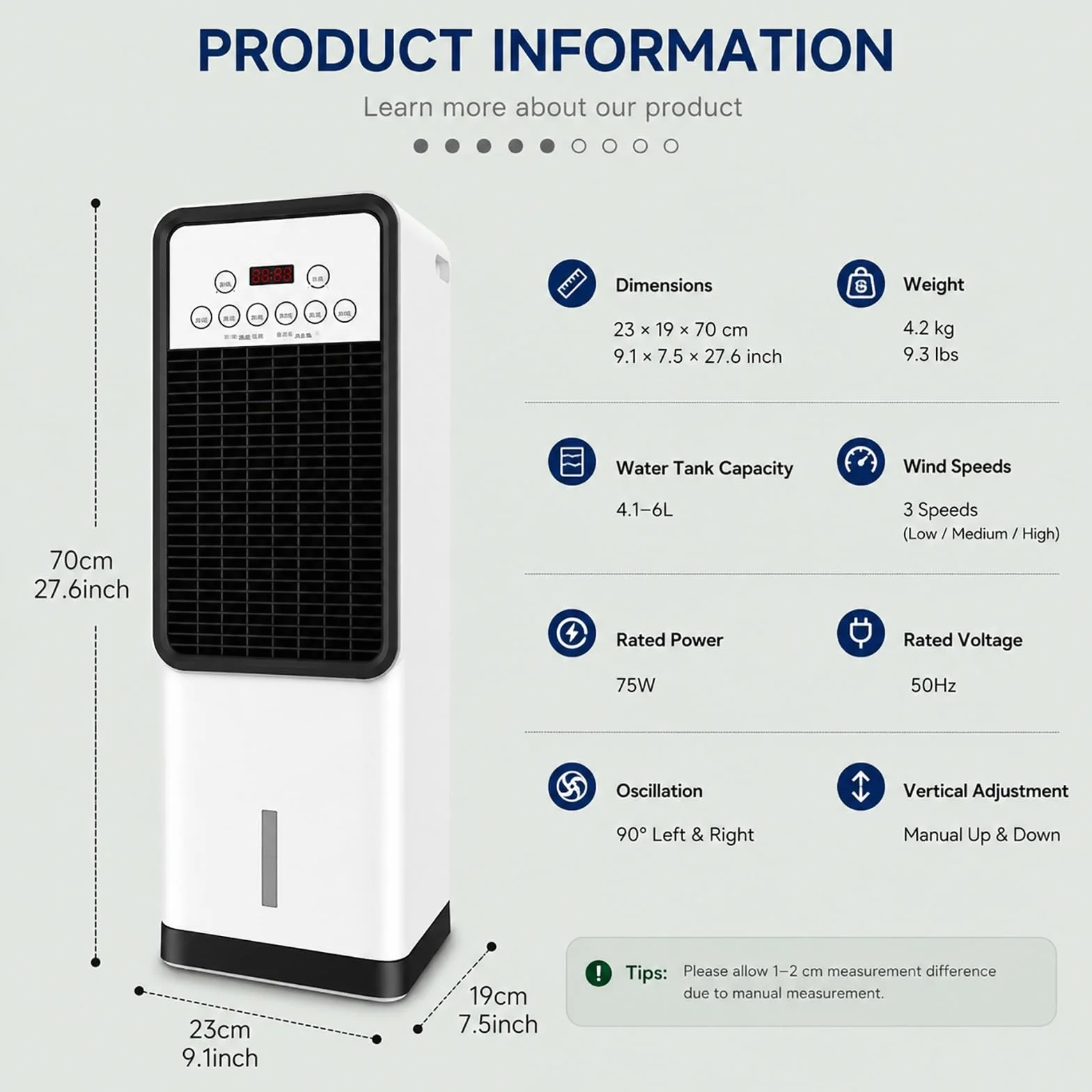 Enfriador de Aire Portátil con Packs de Hielo, 2 Niveles de Velocidad, Depósito de Agua 6L, Ventilador de Refrigeración Evaporativa para Dormitorio, Oficina, Hogar y Verano