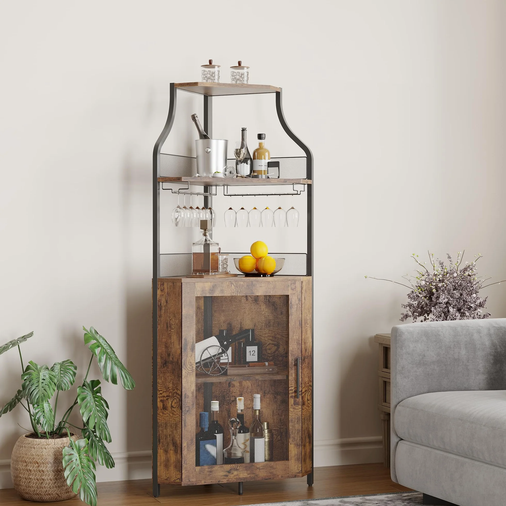 GarveeHome - Mueble esquinero para barra de vino con iluminación LED, 5 pisos ajustables y soporte para vasos integrados, ahorro de espacio de 35 cm para espacios reducidos (estilo loft retro