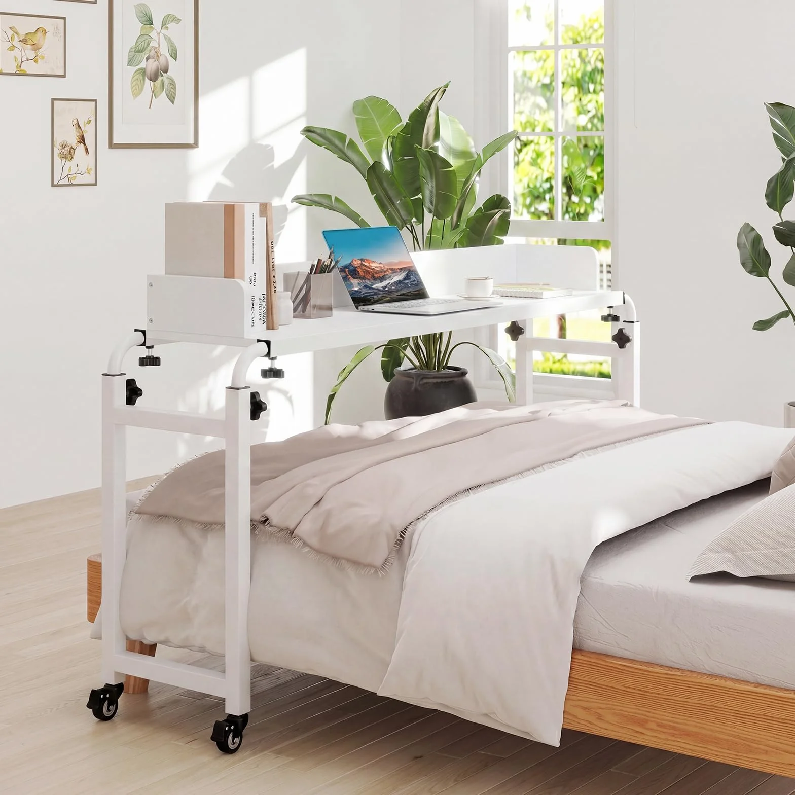 COSTWAY Mesa de Sobrecama con Ruedas, Altura y Longitud Ajustables, Escritorio Queen, Marco Metálico, Mesa para Cama, Dormitorio,135,5-206 x 40 x 73,5-102,5 cm (Blanco)