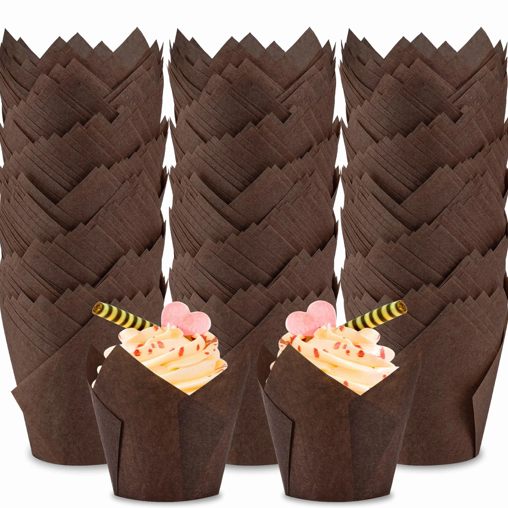 NPLUX 300 forros de tulipán marrón para magdalenas, para hornear magdalenas a prueba de grasa, tamaño estándar, perfecto para fiestas, vacaciones, cupcakes caseros y panadería