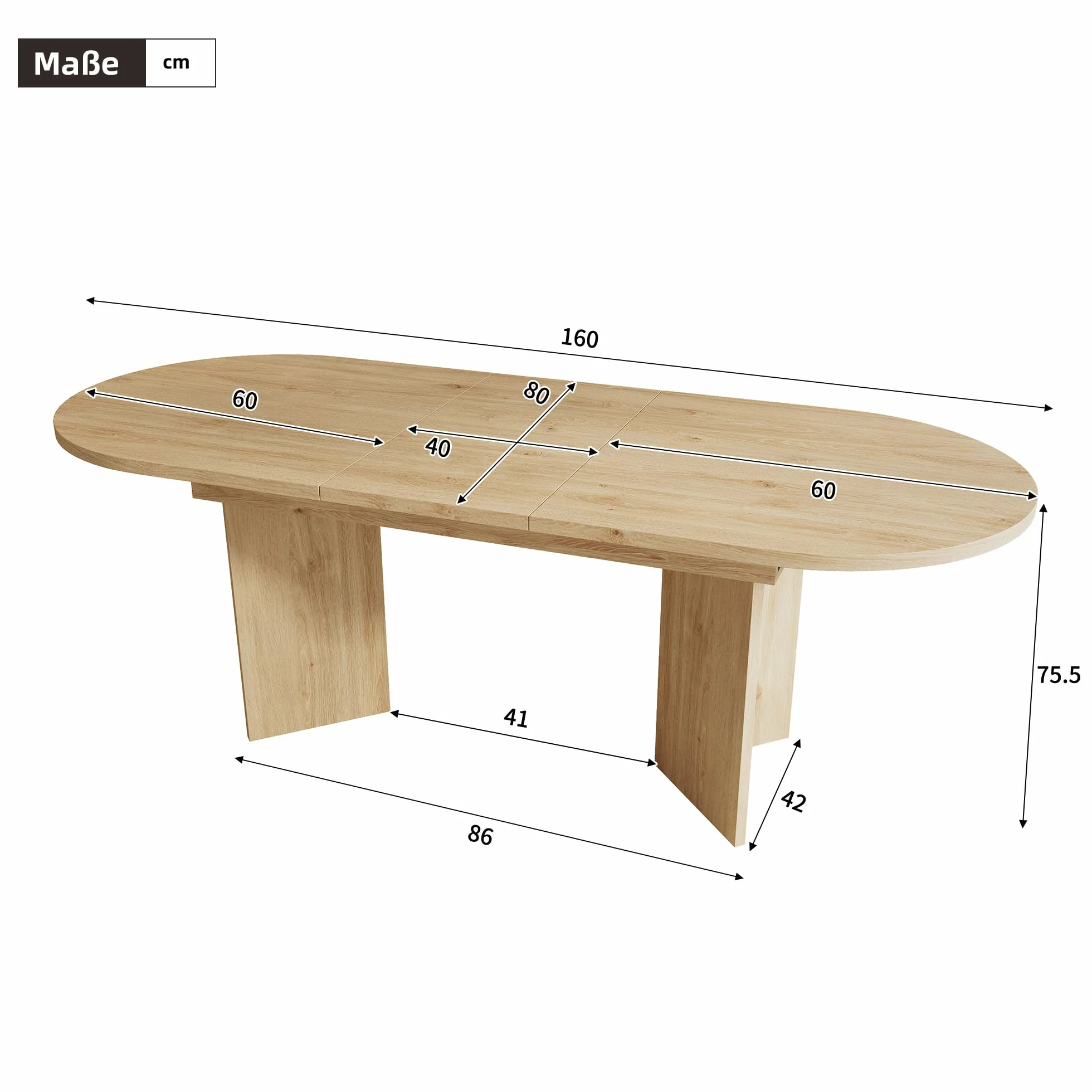 SUKY Mesa de comedor extensible, adecuada para 4 – 6 personas, con esquinas redondeadas, mesa de comedor de estilo simple, extensible, 120/160 x 80 cm, color roble