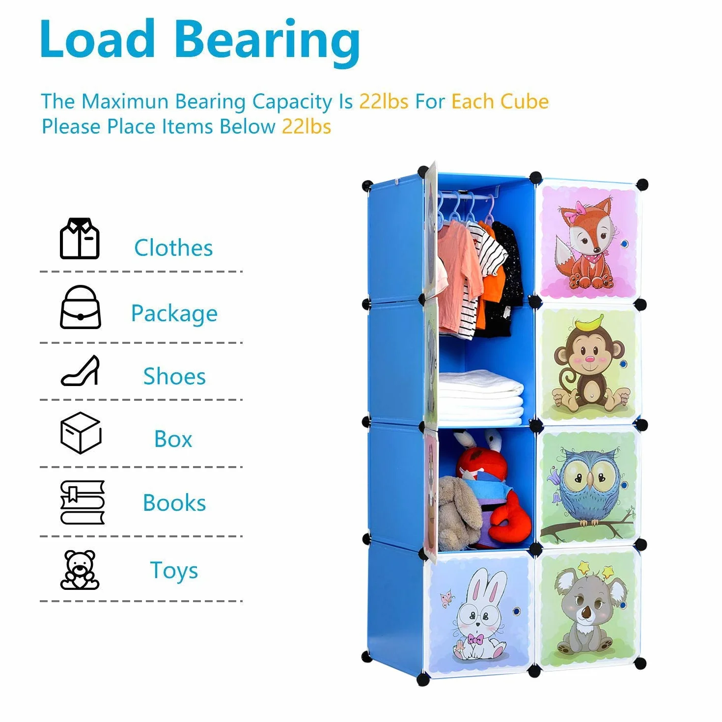 BRIAN & DANY Armario Modular Infantil de Puertas con Motivos de Animales Estanterías por Módulos Armario de Almacenaje, Azul, 75 x 47 x 147 cm