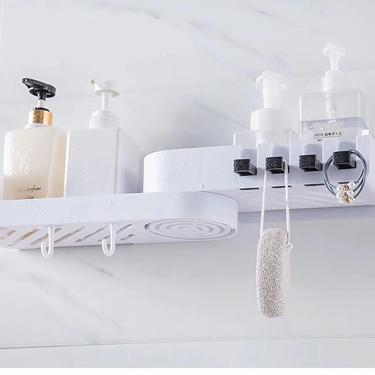 estantes de baño exquisitos Estante de baño montado en la Pared Ducha sin perforación Estante de Ducha con Ganchos Estante Giratorio para Cocina baño Inodoro/Negro
