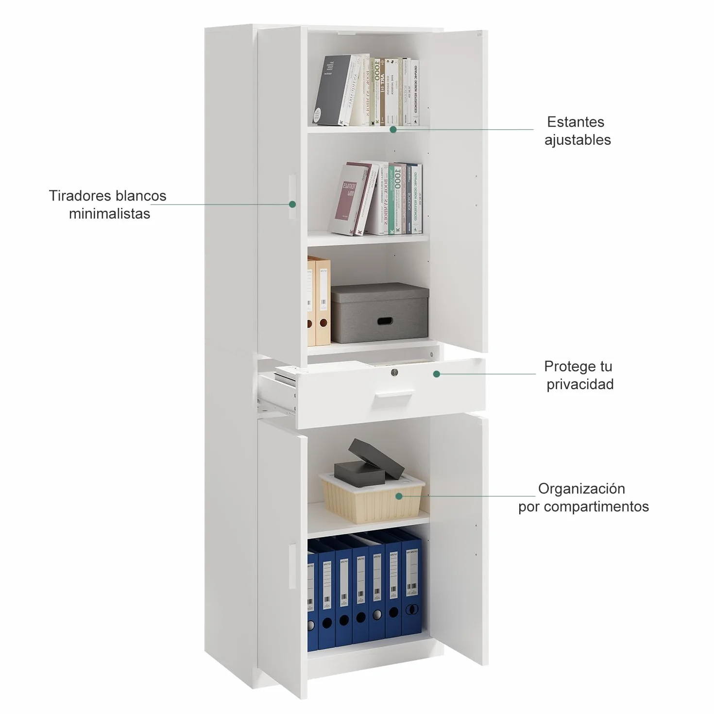 Armario de Oficina Multifuncional con llave Cajones y Cerradura, Blanco | Armario de Almacenamiento Multifuncional con 5 Niveles y Baldas Ajustables, Para salón, dormitorio despacho，60 x 180 x 34 cm