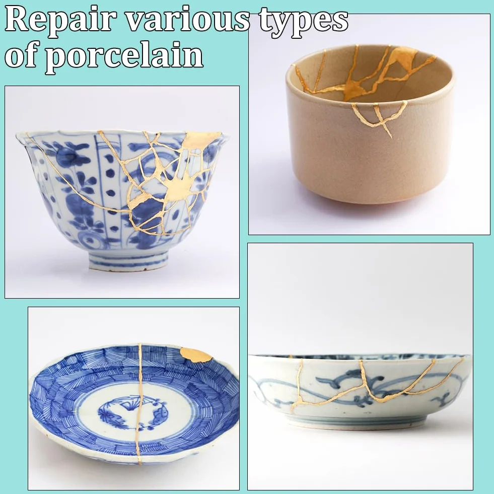 WEBEEDY Kintsugi Kit de reparación de oro, 22 piezas de cerámica japonesa con cerámica práctica y pegamento alimentario para reparar su cerámica rota significativa cristal
