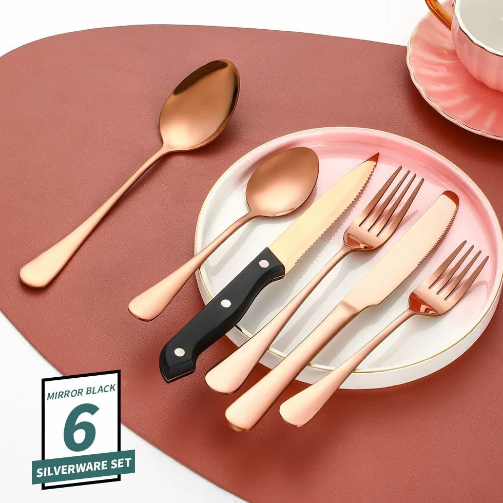 (24 piezas) Juego de cubiertos de cocina de acero inoxidable para 6, cuchillo de carne, tenedor, cucharaditas, comida occidental, postre, banquete, hotel, restaurante (oro rosa)