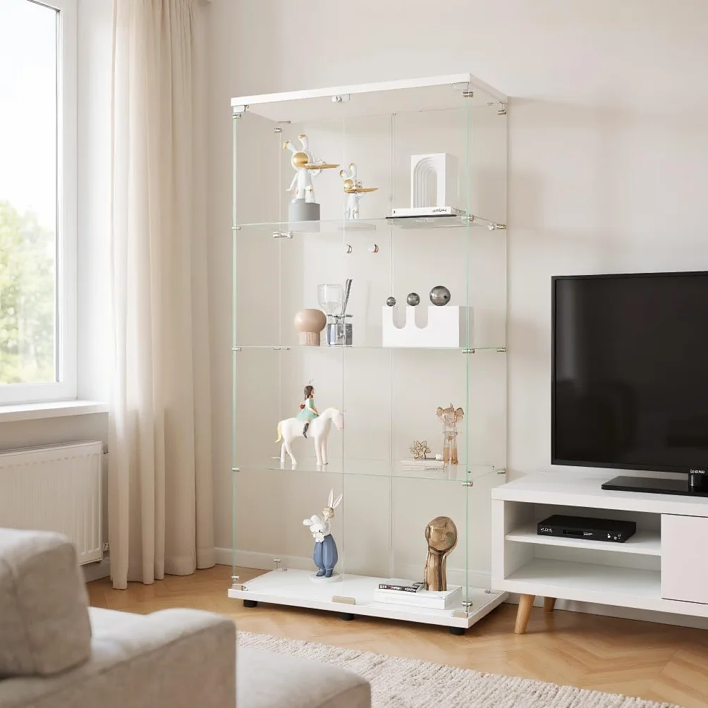 DADEA Vitrina Cristal 4 Estantes y 2 Puerta, Vitrina con Cerradura, 36,5 x 80,5 x 164cm, Columna Expositora Vidrio MuebleVitrina Expositora Armario Vidrio VitrinaExpositora AltaVitrina Suelo, Blanco