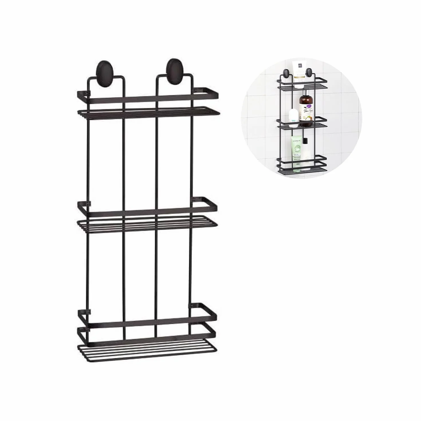 Avilia Estantería Rectangular de baño con 3 estantes – Estantería para Ducha de Pared con 3 estantes, de Acero, 24 x 50 x 11 cm, Negro