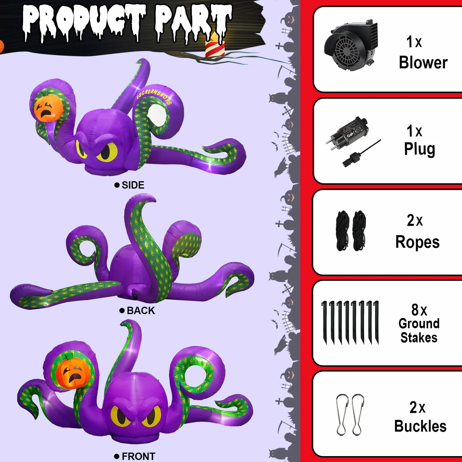 Pulpo Inflable Gigante Violeta de 360 cm, Calabaza pegajosa, con 7 Luces LED integradas, Pulpo Inflable para Fiestas de Halloween al Aire Libre, Patio, jardín, decoración de césped