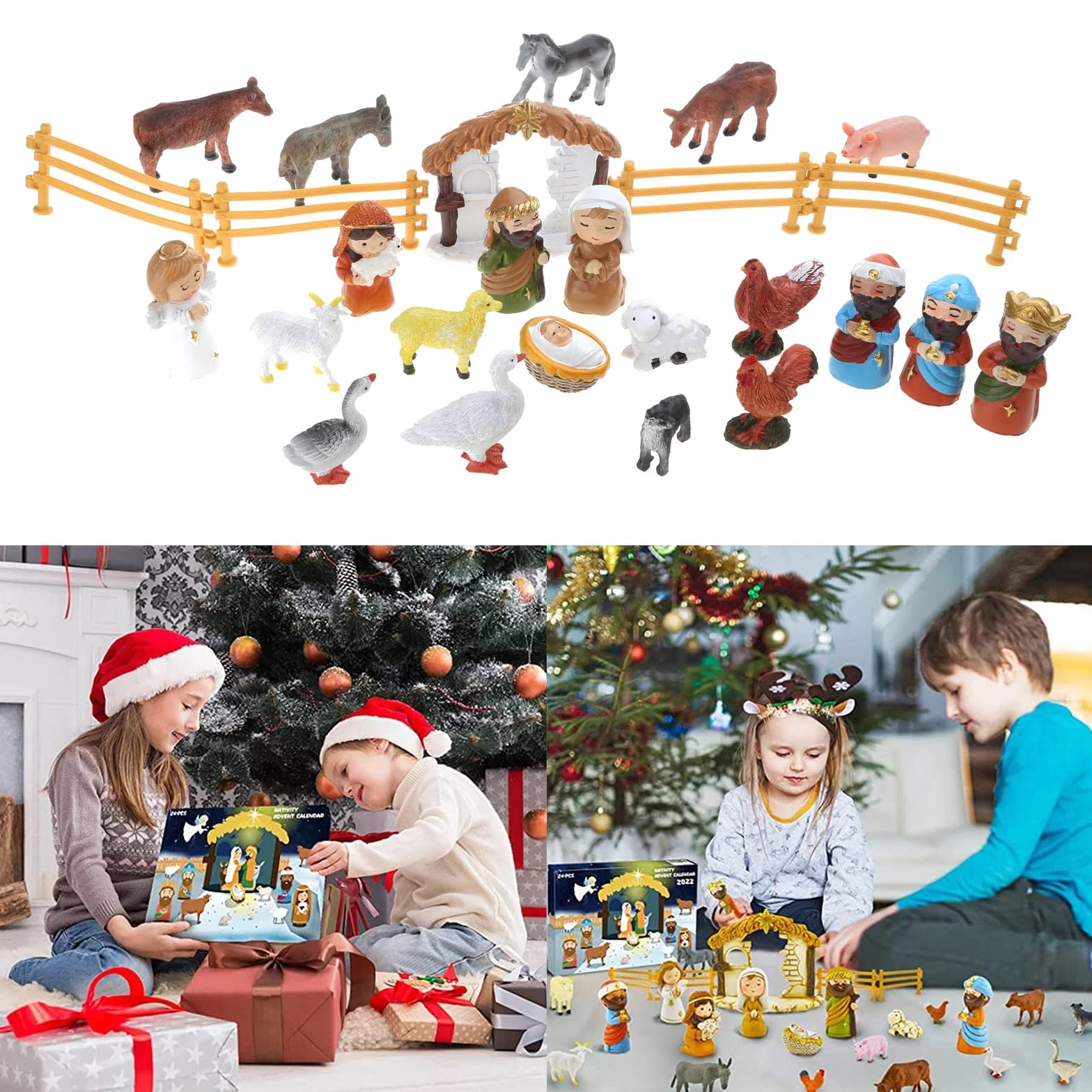 Juego de 24 figuras de belén de la Sagrada Familia, Magos, Pastor, Oveja, animales, vallas de resina, calendario interactivo de cuenta regresiva de Navidad para niños y jóvenes