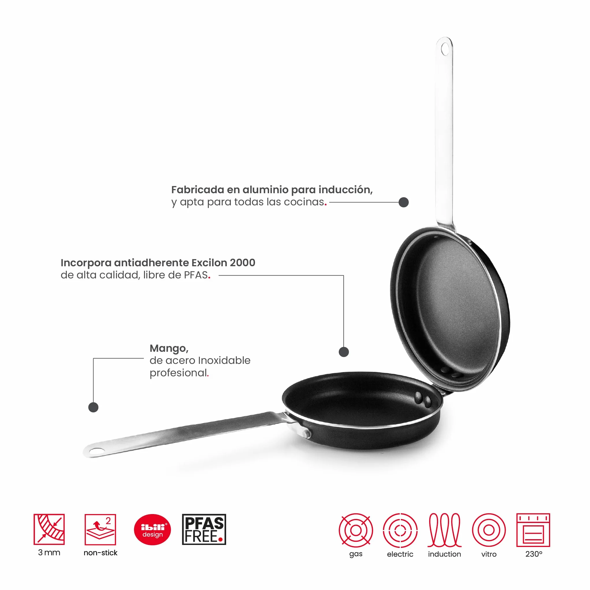 IBILI - Sarten tortilla patatas I-CHEF, 24 cms, Aluminio, Mango de Acero Inoxidable, Antiadherente, Apto para induccion