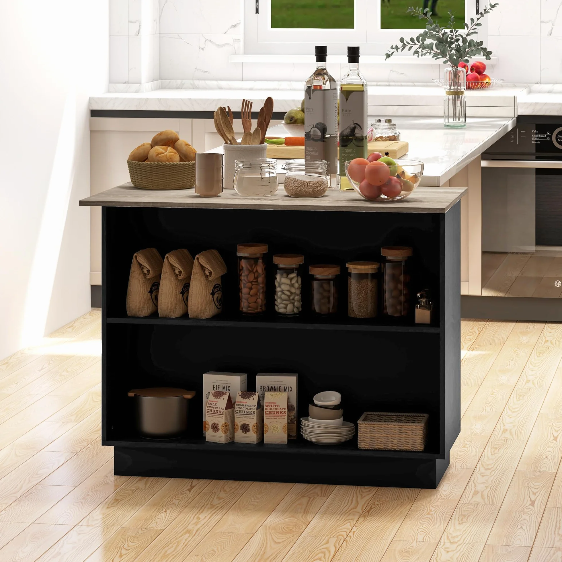 HOMCOM Isla de Cocina Mueble de Cocina con Estantes Ajustables 2 Estantes Abiertos y 2 Puertas Estilo Moderno Carga 100 kg 105x60x82 cm Negro y Roble