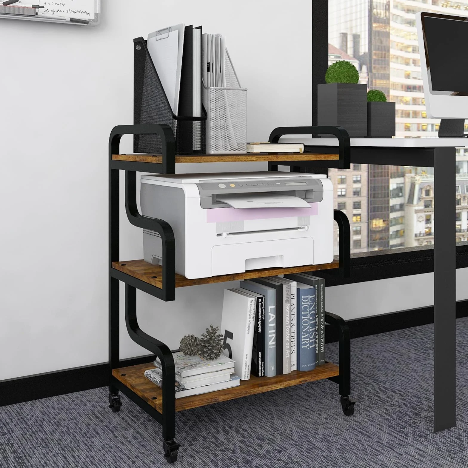 PUNCIA Soporte de Impresora de 3 Niveles Mueble Carro para Impresora con Ruedas Estante Mesa Móvil de Madera y Metal Estantería de fax para Oficina Escuela Estudio Retro