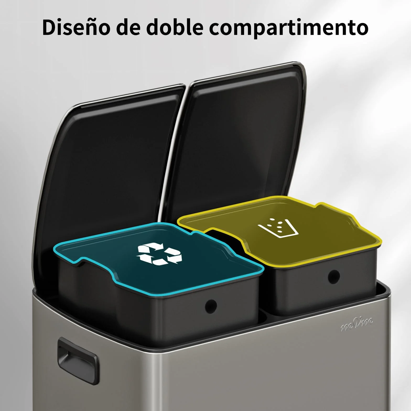 mVm Cubo de Basura Reciclable, Basurero de 60 L, 2 Compartimentos 2 x 30L con Pedal y Tapa de Cierre Suave, Papelera Moderna y Robusta, para Cocina, Salón, Gris