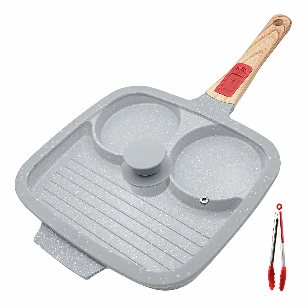 RANX INGST Sartén Tortilla de 3 Agujeros con Tapa, Revestimiento Cerámico Antiadherente, 26 cm Sartén de Desayuno 3 en 1 con Mango Extraíble para Huevos Fritos,Mini Crepes - Azul