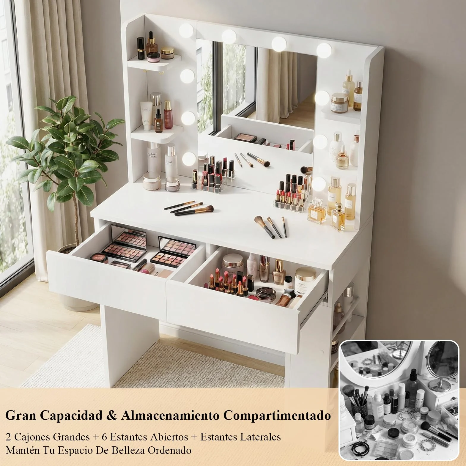 Devoko Tocador de Maquillaje con Luces LED,Brillo Ajustable,Tocador con Espejo,2 Cajones, Enchufe Eléctrico y Almacenamiento Lateral Abierto para Muebles de Dormitorio (Blanco)