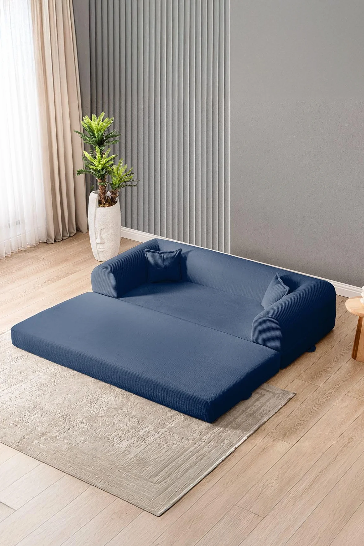Sofá Cama de 3 plazas, Azul Marino, 190 cm, 100% Tejido de Felpa Acanalada, Funda extraíble, Apta para Mascotas, 2 Almohadas Incluidas