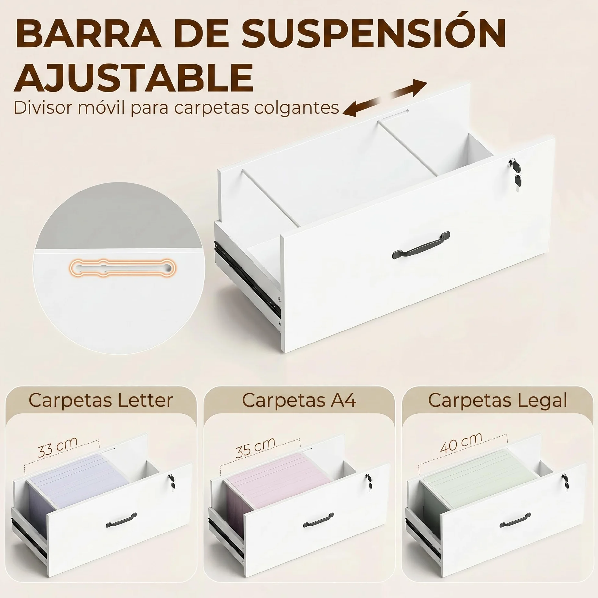 HOMCOM Cajonera Escritorio con Estantería, Mueble Archivador con 2 Cajones, Encimera para Impresora, Cerradura, para A4 Letter Legal, para Oficina, Estudio, Blanco