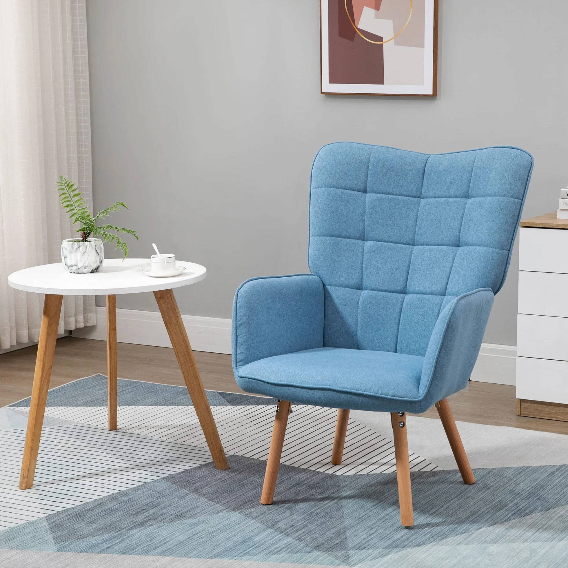 HOMCOM Sillón de Salón Moderno Butaca con Respaldo Alto 71x76x101 cm Azul | Butaca de Dormitorio, Reposabrazos, Tela de Lino, Patas de Madera, para Sala de Estar