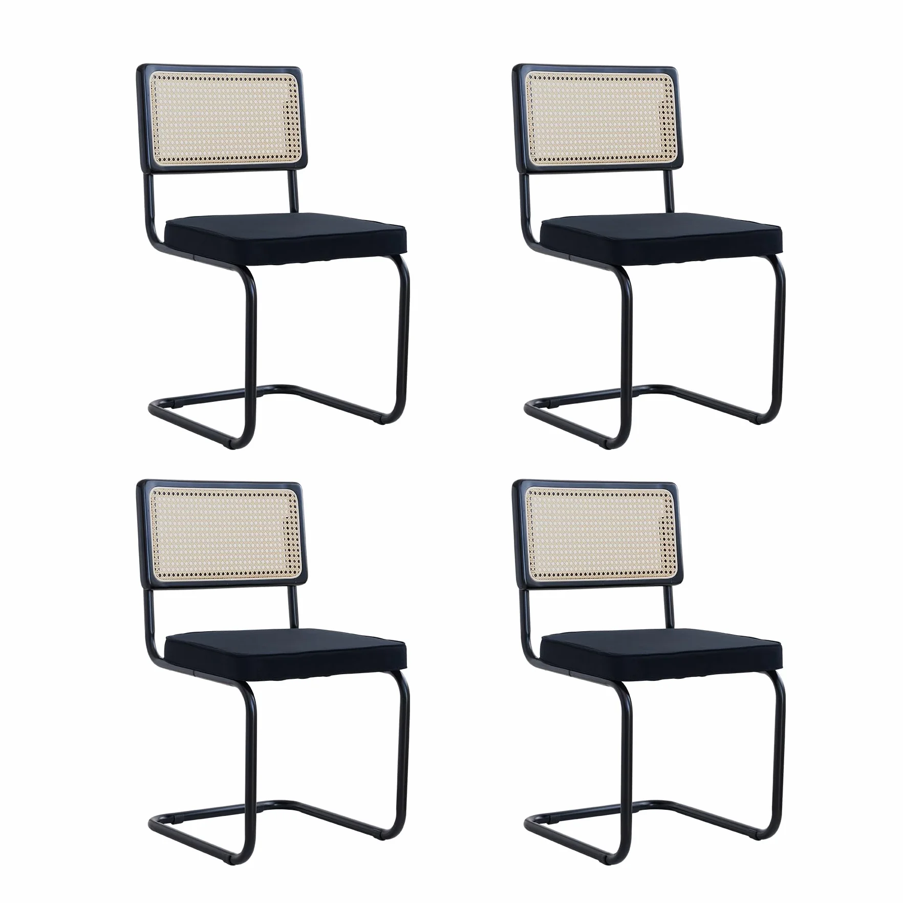 GrandCA HOME Pack de 4 Sillas de Comedor con Respaldo de Caña Natural y Base de Acero Metálico, Sillas de Cocina Tapizadas de Ratán,Negro-1