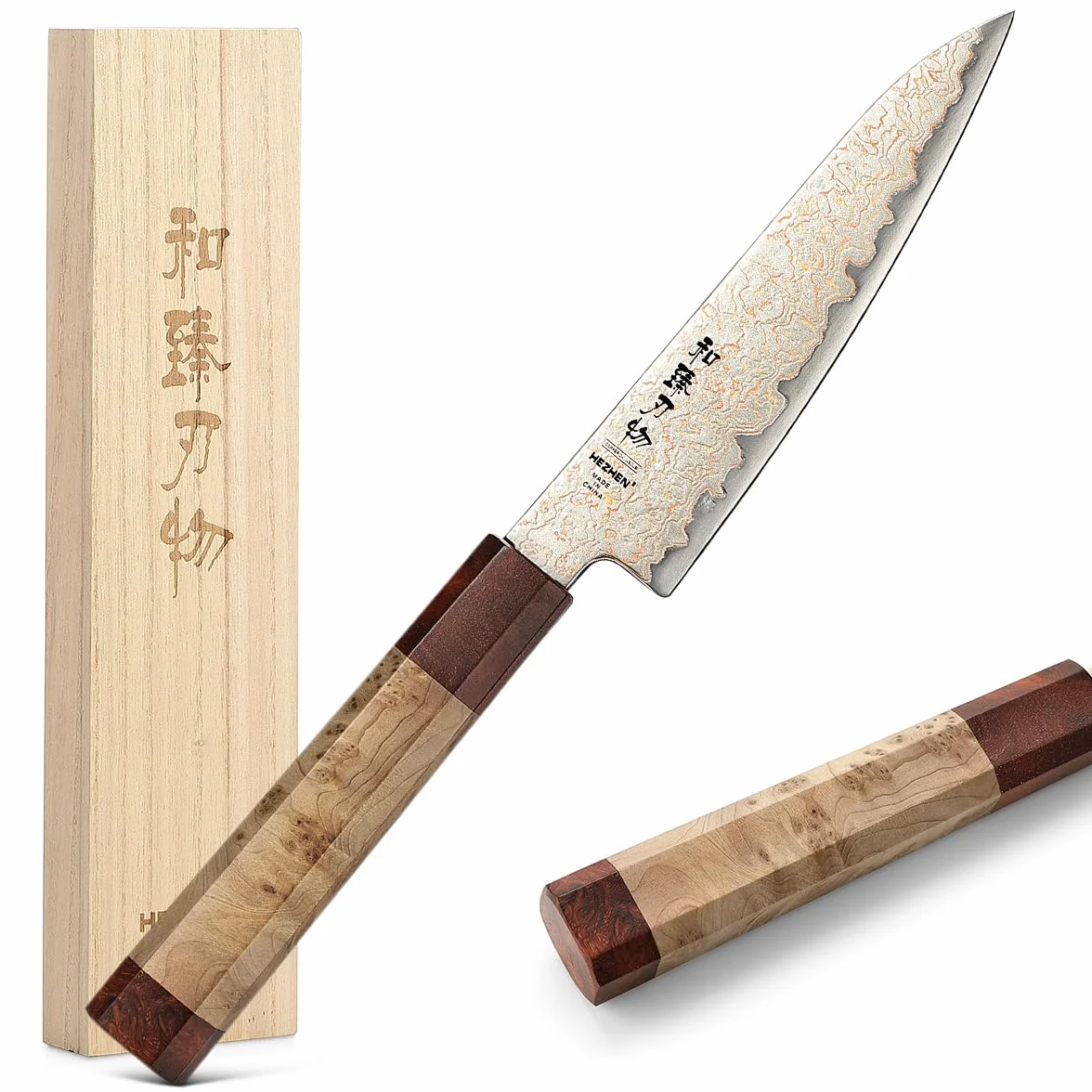 HEZHEN Damasco Cuchillos Universales, Cuchillos Cocina Damasco de Cobre, Cuchillo de Fruta para Pelarr con Caja de Madera, Mango de Octogonal