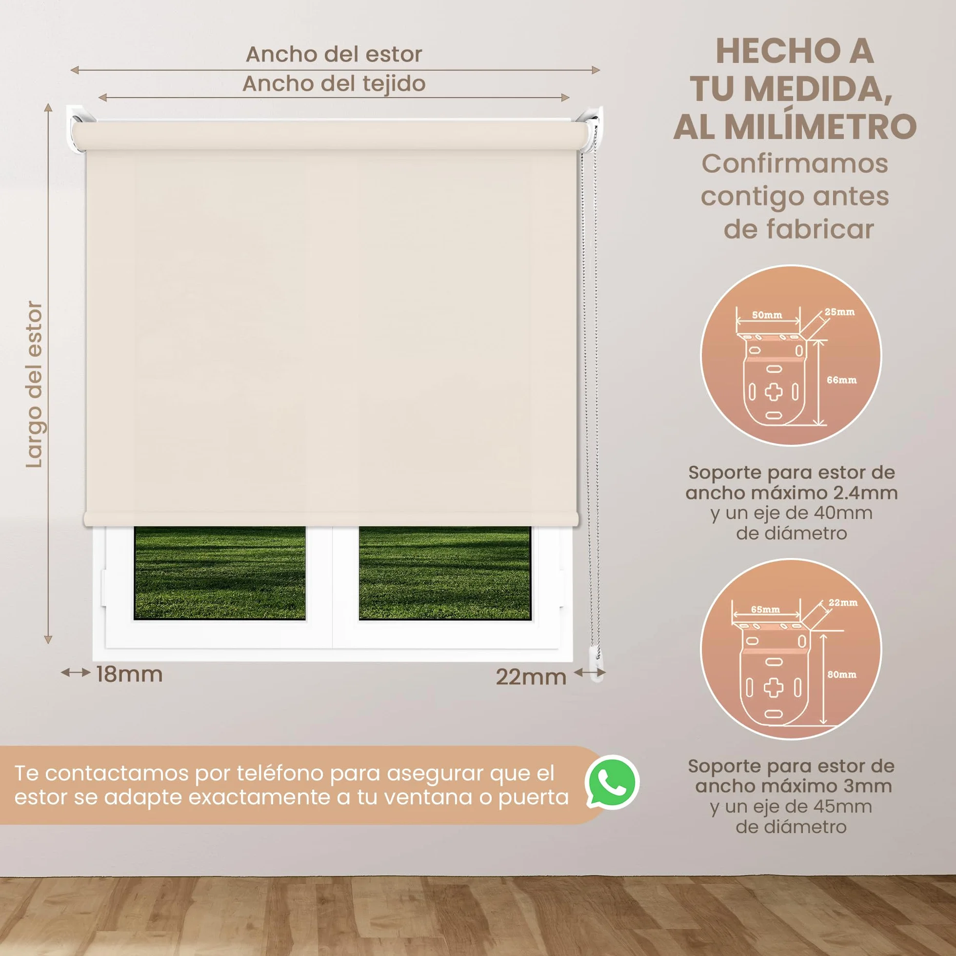 Estor Enrollable Translúcido Arena a Medida 120x180 cm – Luz Natural con Privacidad Día y Noche – Persiana para Ventanas, Puertas, Balconeras, Cocina u Oficina – Instalación en Pared, Techo o Lateral