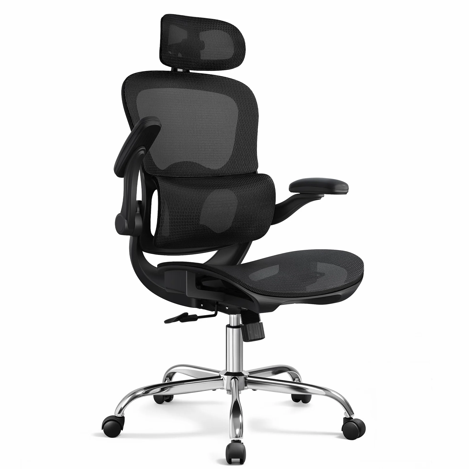 DEVAISE Silla de Oficina Ergonómica, Silla Ergonomica Escritorio con Reposacabezas 3D Ajustable, Reposabrazos Regulables, Respaldo Transpirable y Soporte Lumbar para Home Office, Negro
