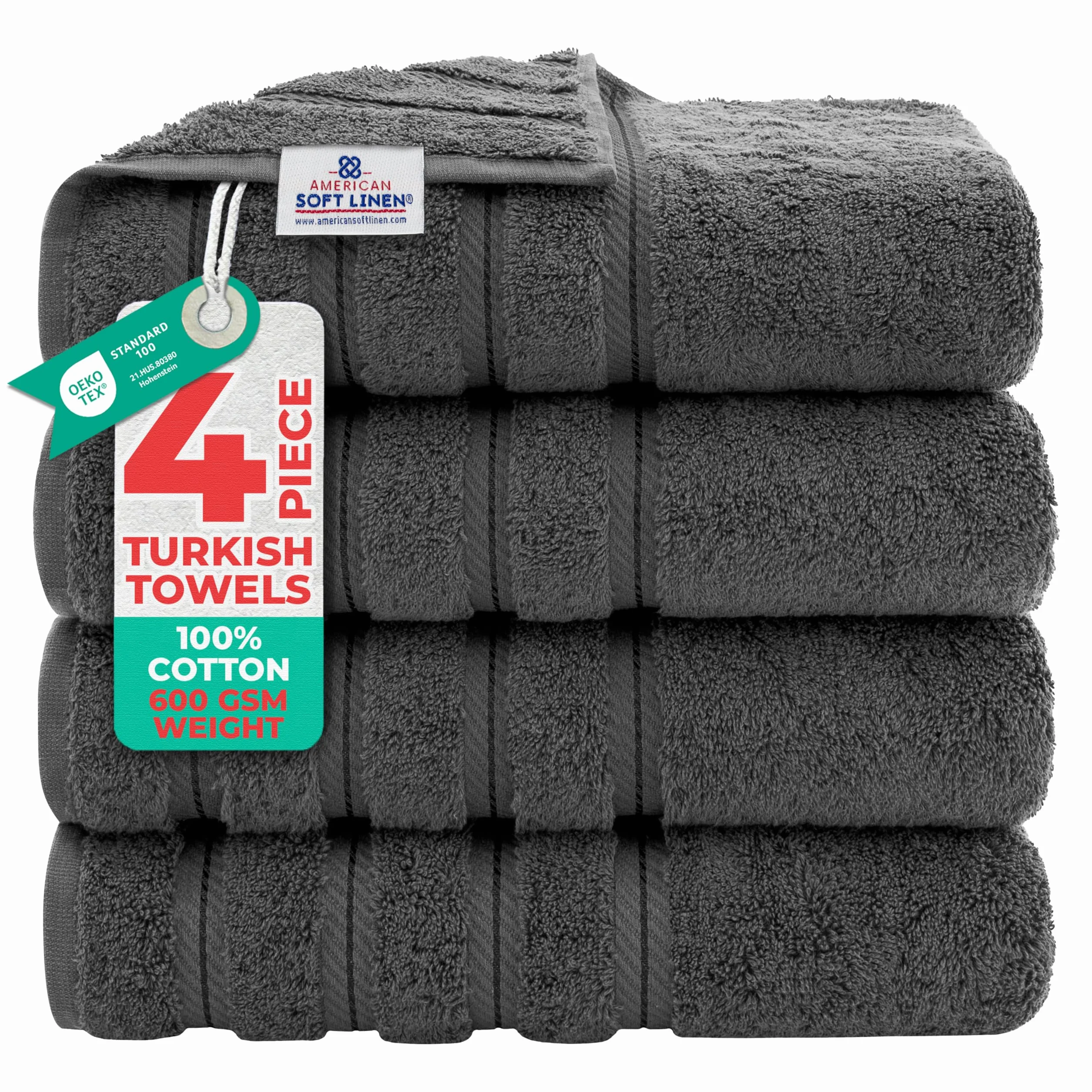 American Soft Linen Juego de lujosas toallas de calidad de hotel y spa confeccionadas con algodón turco para máxima suavidad y absorción rápido secado 4 toallas de baño de 685 x 137 cm Gris oscuro | Suave, absorbente, de secado rápido, certificado OEKO Te