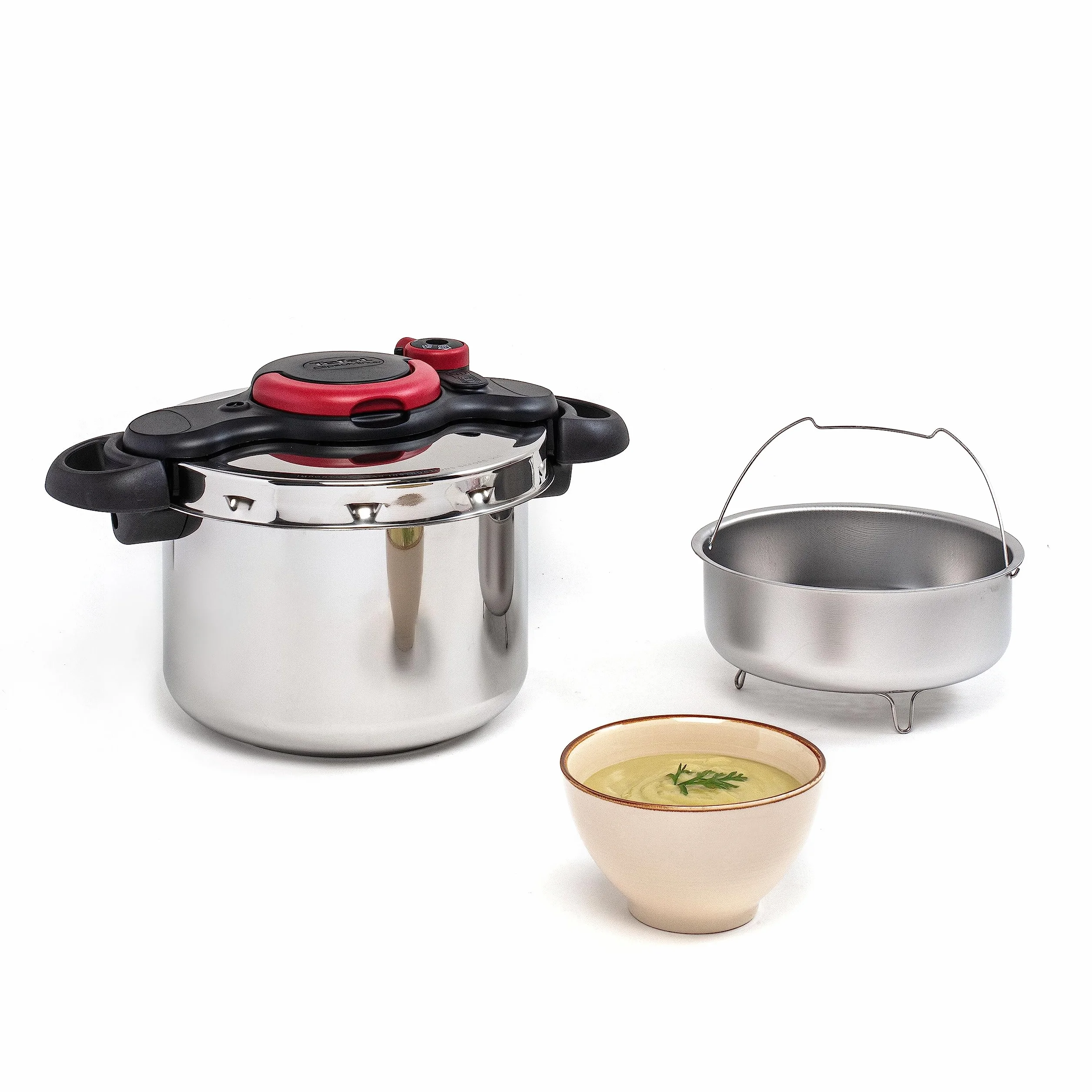 Tefal Olla a Presión Clipso Minut Easy 6 L - Acero Inoxidable, Modos de cocción de alta y baja presión, 5 sistemas de seguridad y cierre fácil con una sola mano, cestillo vapor integrado