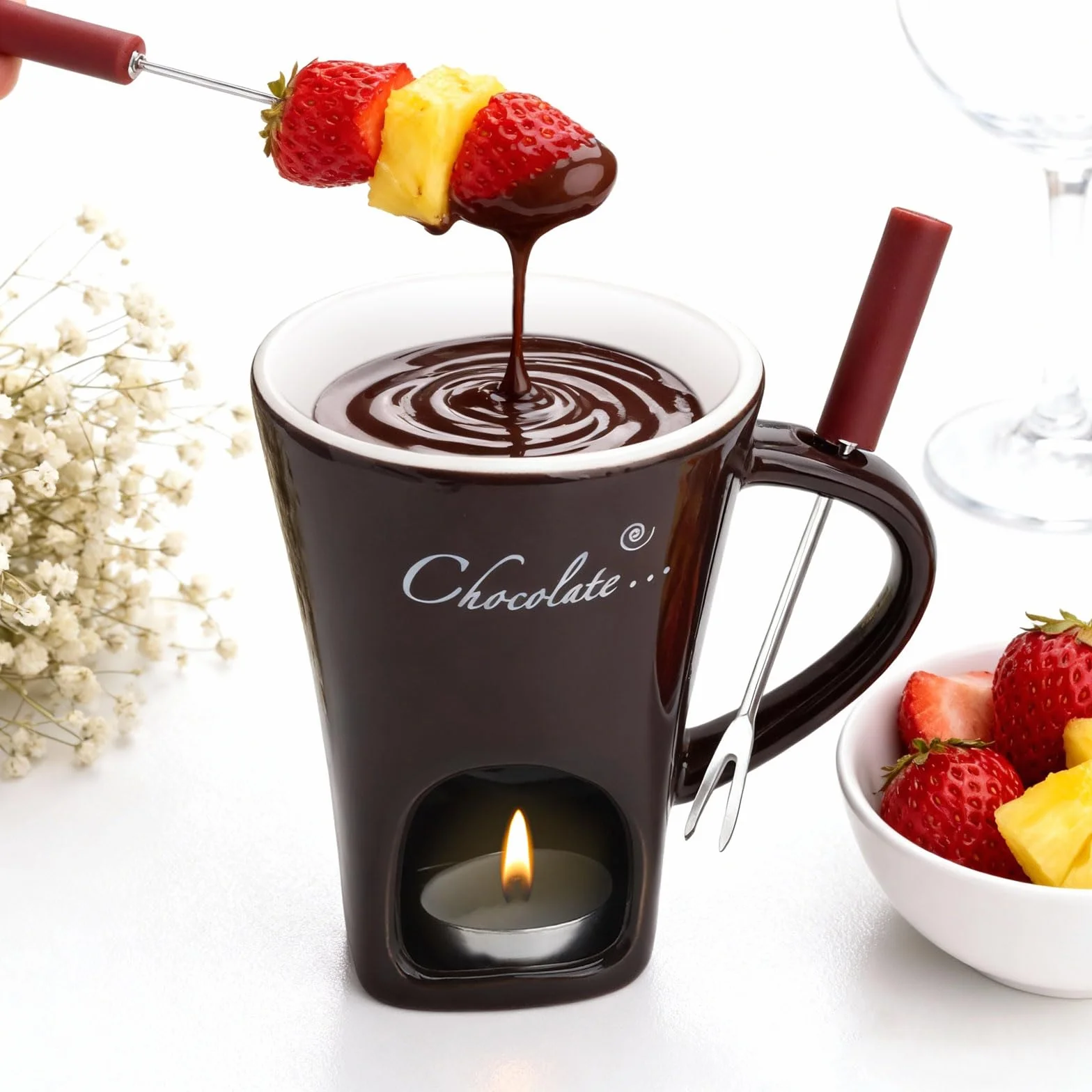 Taza de cerámica para fondue de chocolate, 130 ml, con portavelas y tenedores
