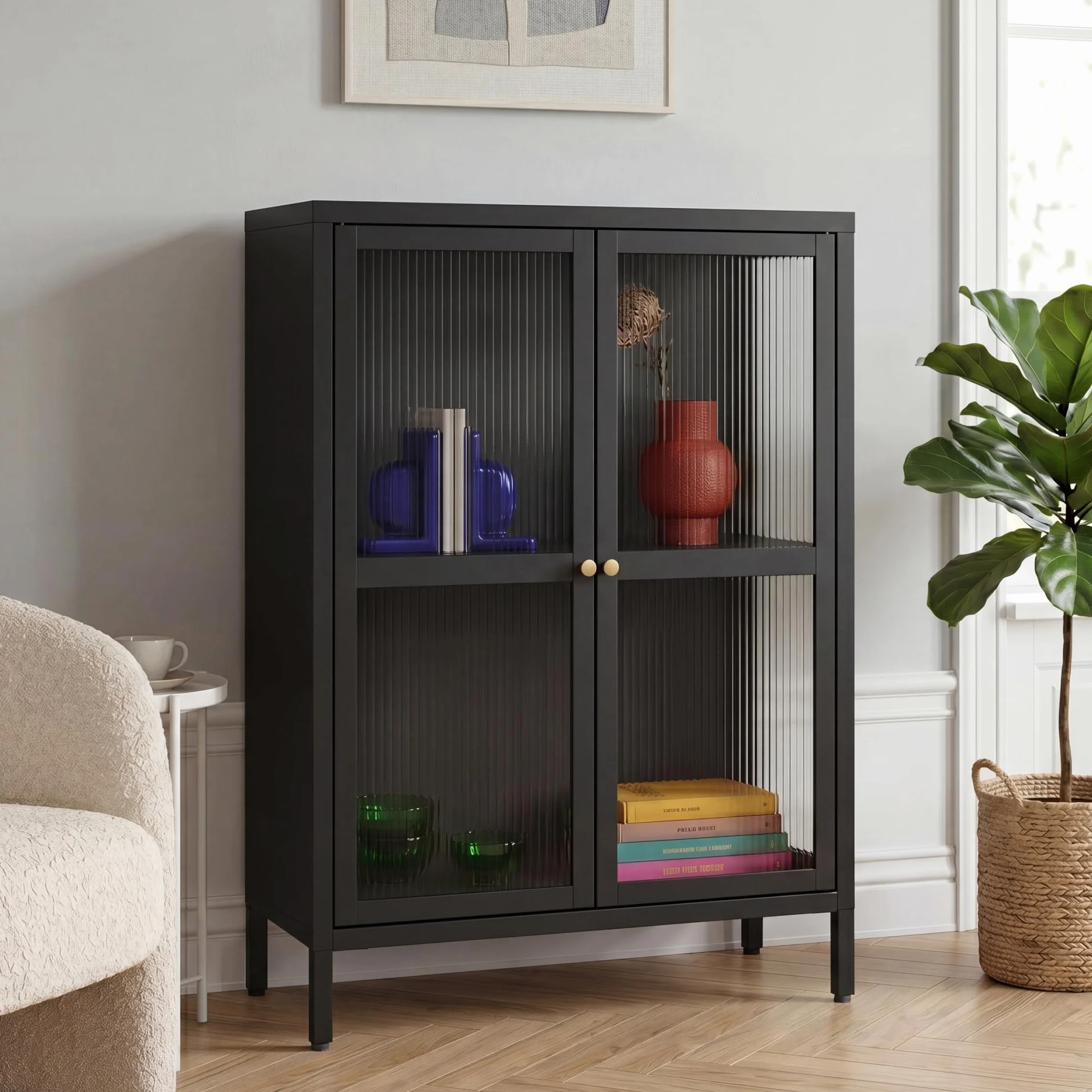 [en.casa] Aparador Säkylä Mueble de Salón con Compartimentos Mueble Auxiliar para Comedor Cocina con 2 Puertas de Vidrio Acanalado y Acero 84 x 64 x 35 cm - Negro