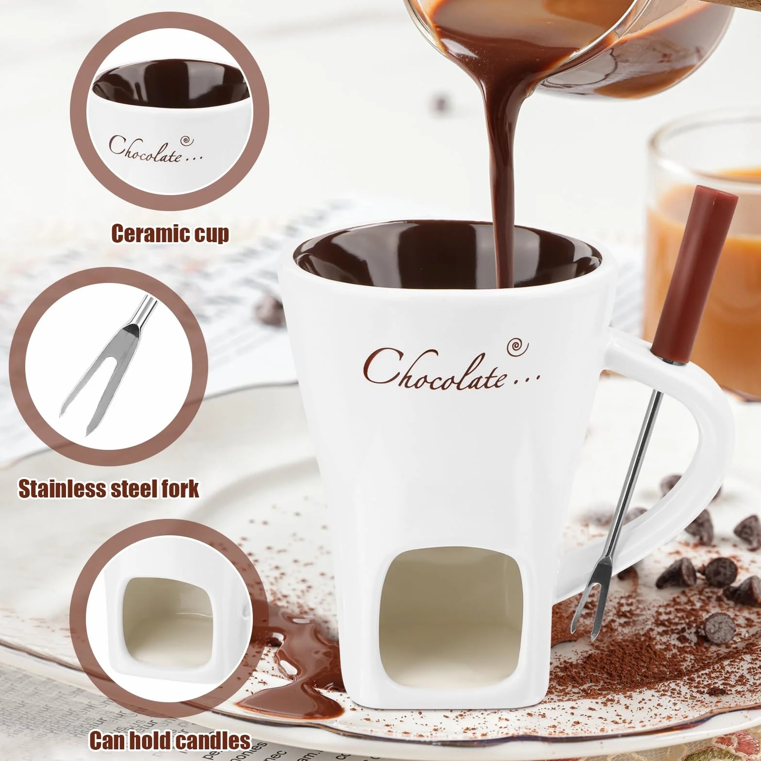 Juego de fondue de chocolate de cerámica 200 ml con tenedor y vela de té