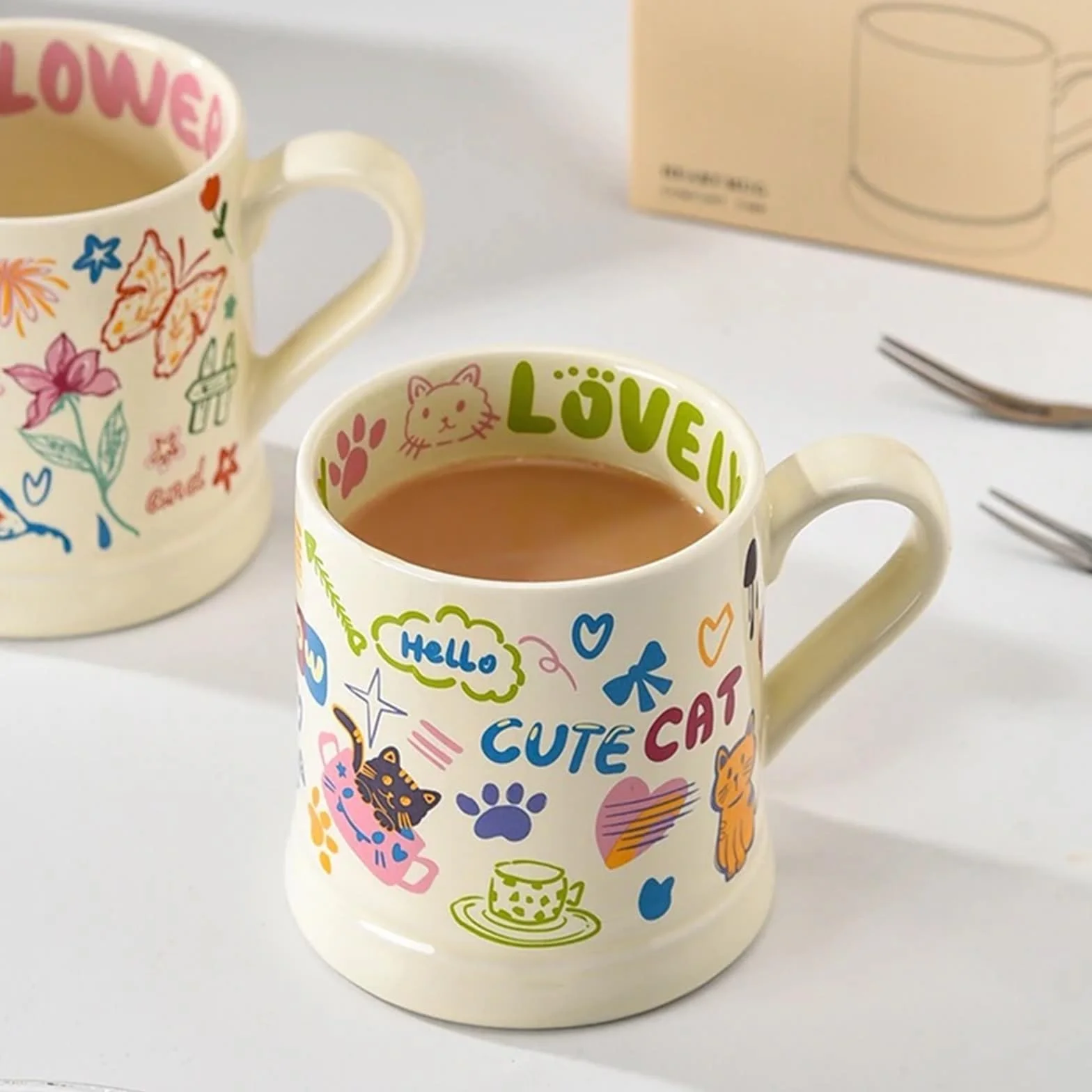 Tazas con Estampado de Flores, 2 uds., 370ml, Taza de café Creativa, Taza for Beber, Desayuno, Leche, Zumo, Grafiti Bonito, Taza de Agua for el hogar para Café y Leche