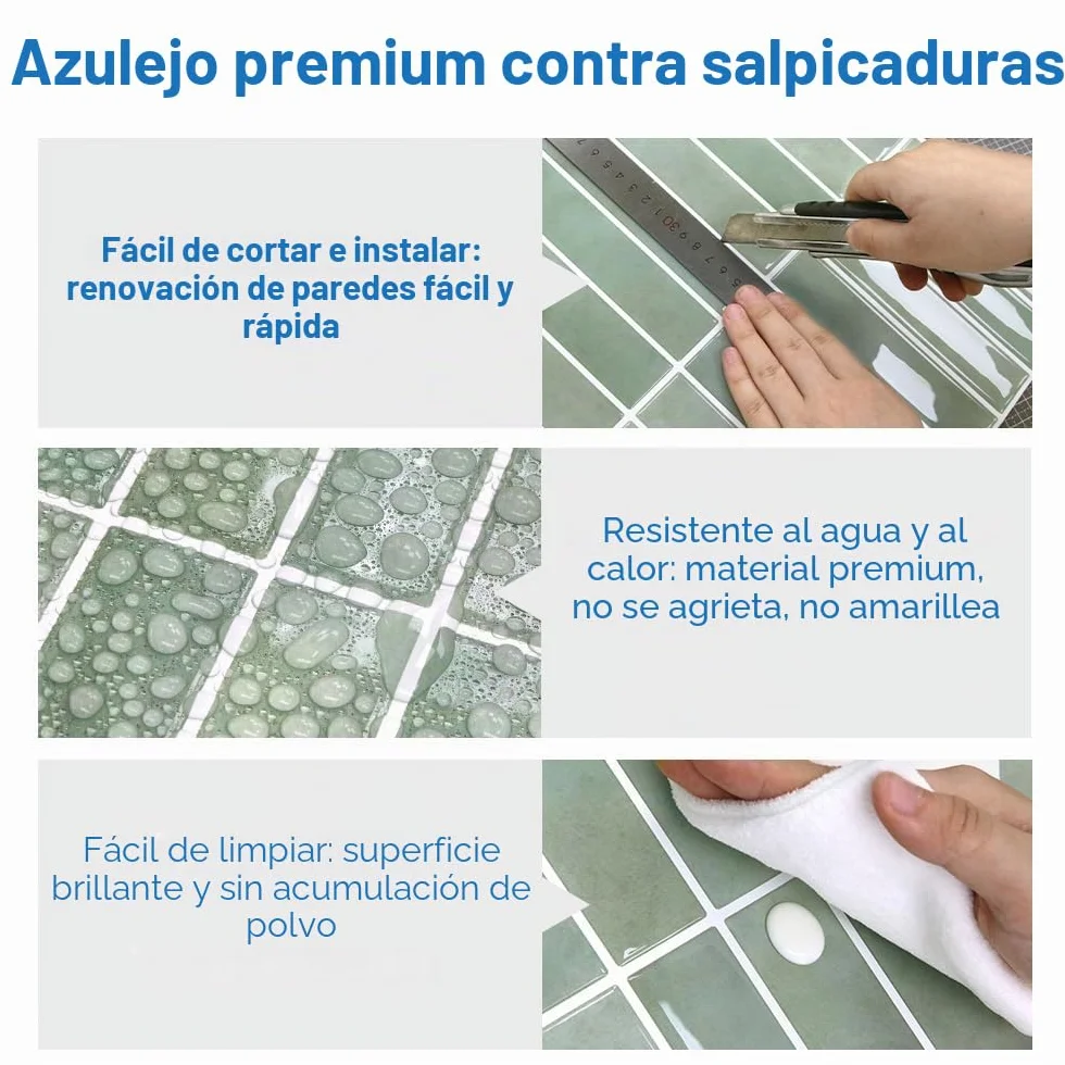 Azulejos Adhesivos Cocina Verde vintage, 10 Piezas 30.5 x 30.5 cm, Azulejos Autoadhesivos 3D, Línea Recta Vertical, Baldosas Adhesivas de Vinilo para Salpicadero en Cocina y Baño, Impermeables