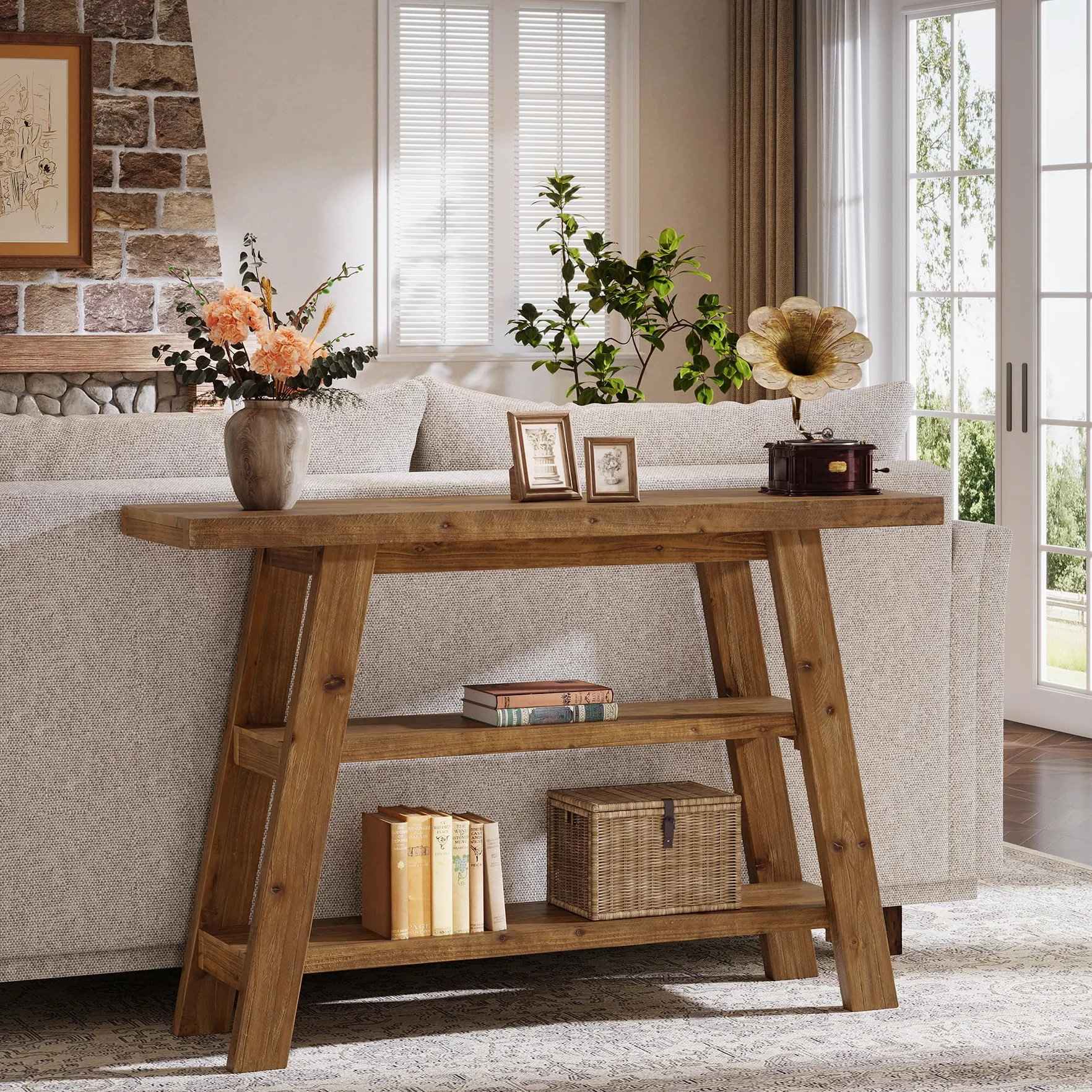 Mesa Consola de Madera Maciza de 120 cm, Mesa de Entrada con estantes de 3 Niveles, rectangulares detrás del sofá, mesas de Acento estrechas para Pasillo, Entrada, vestíbulo, salón (Marrón)