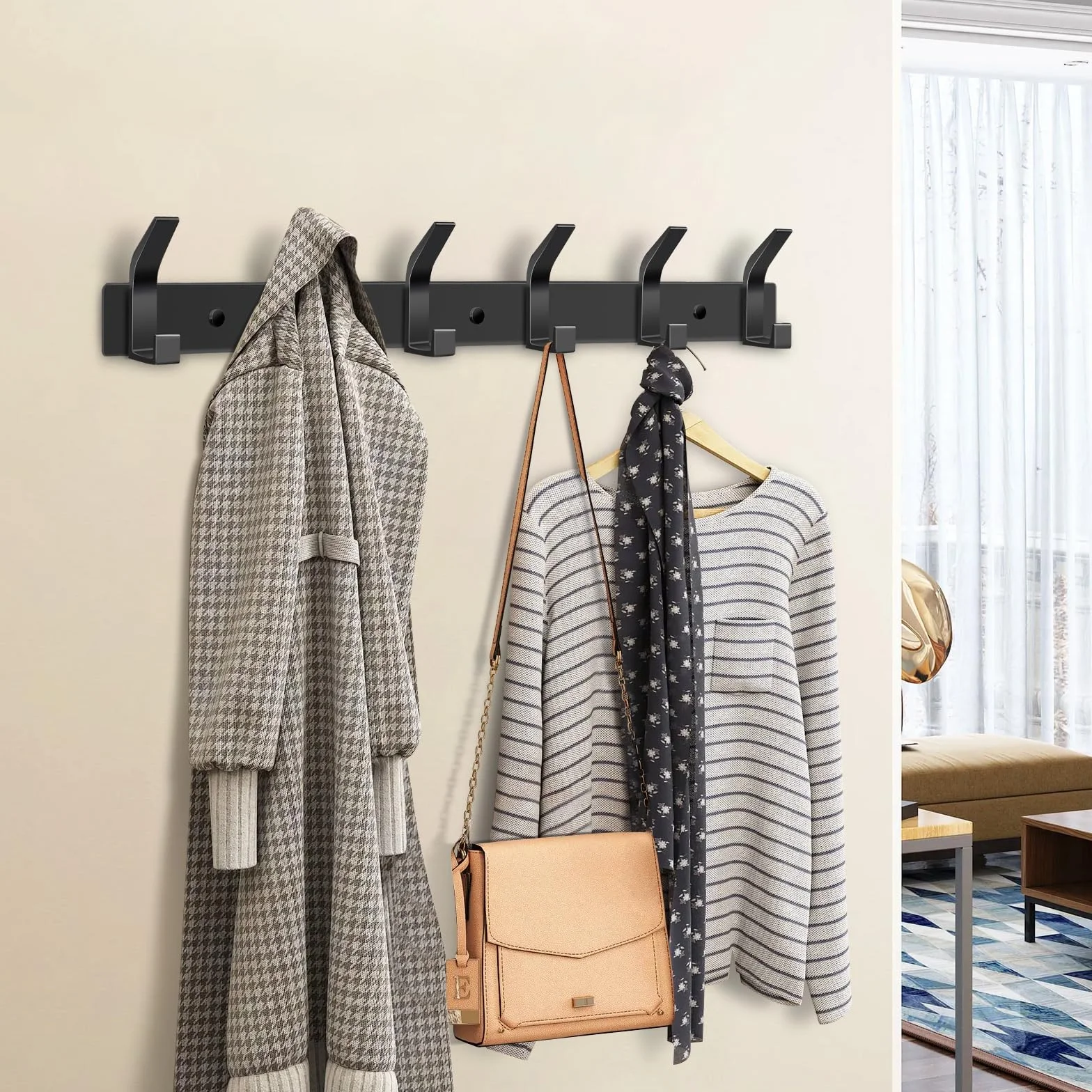 AUXHCYL Percheros Pared Negro 2 Piezas Colgador Ropa Pared 6 Ganchos para Chaquetas Abrigos Bolsos