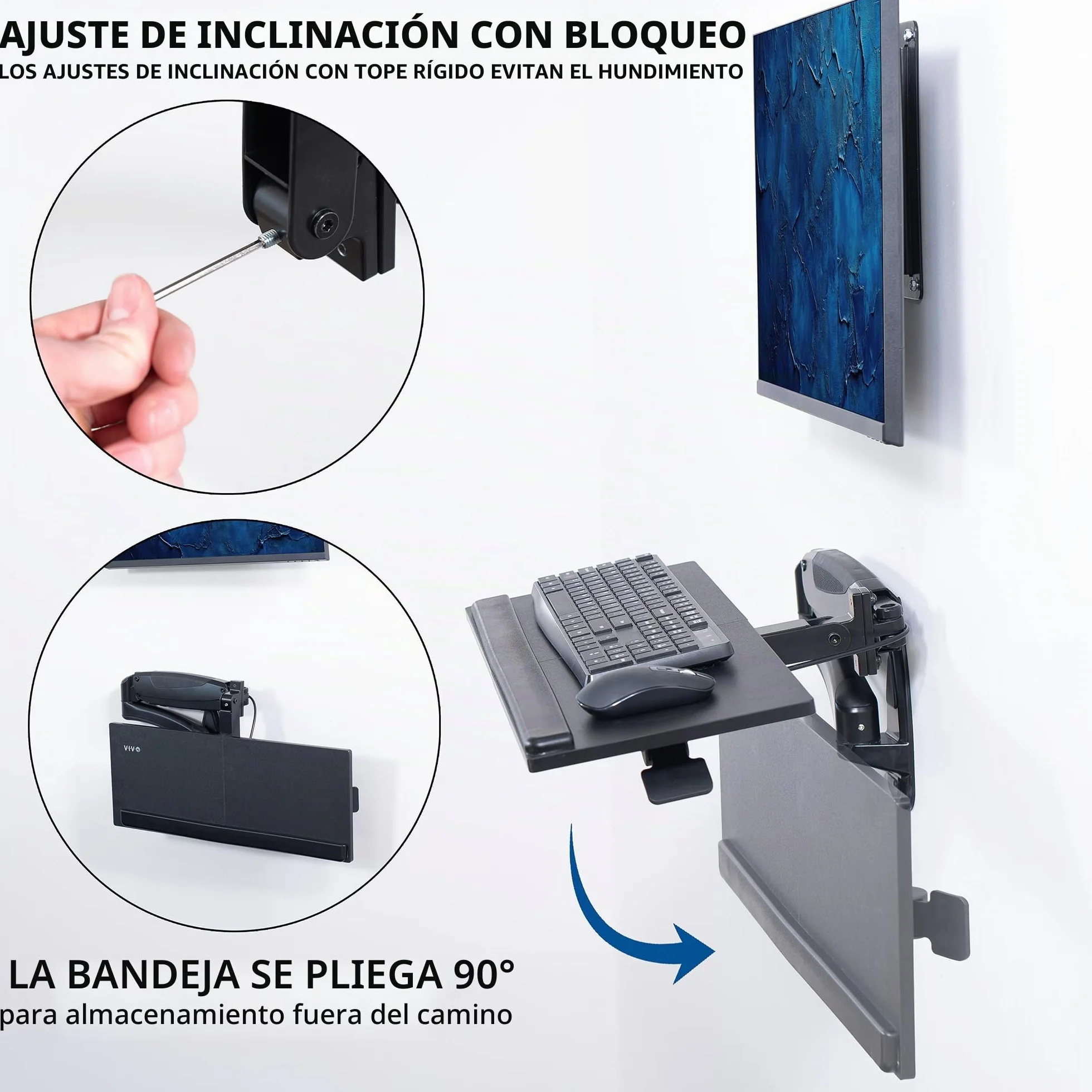 VIVO Soporte de pared para teclado y mouse con resorte neumático de 24 pulgadas, plataforma de escritura ajustable en altura de contrapeso, inclinación ergonómica, negro, MOUNT-KB35B