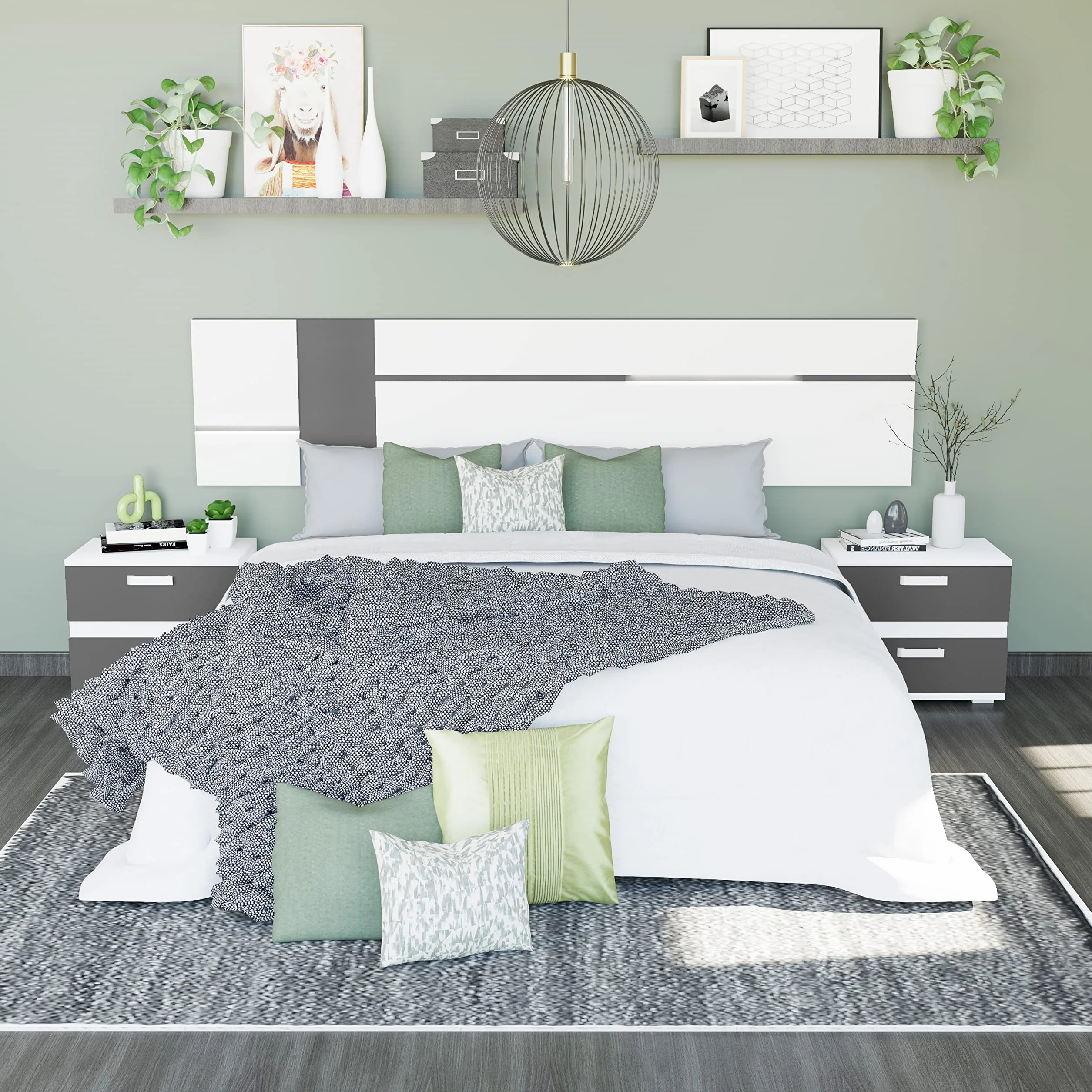 duehome | Pack Cabecero con Leds y 2 Mesitas de Noche, Dormitorio Doble, Dormitorio Completo, Modelo Ataneq Air, Acabado en Blanco y Grafito